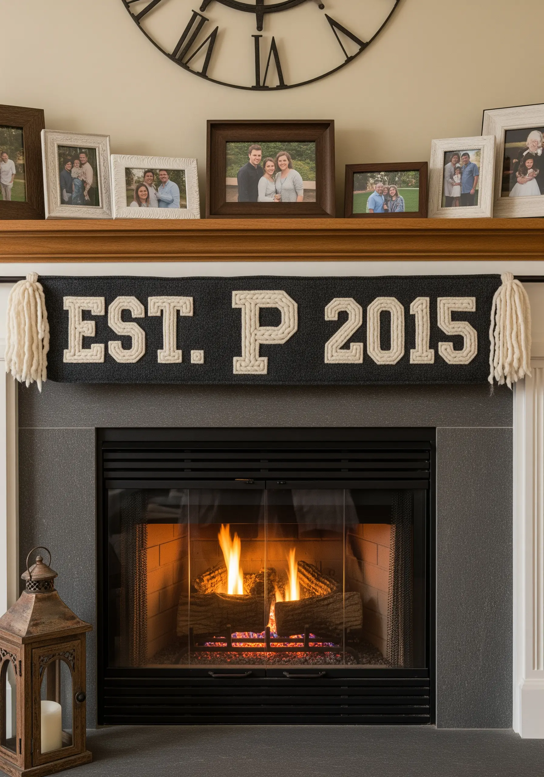 Mantel banner with a family initial and year created with thick, couched yarn.