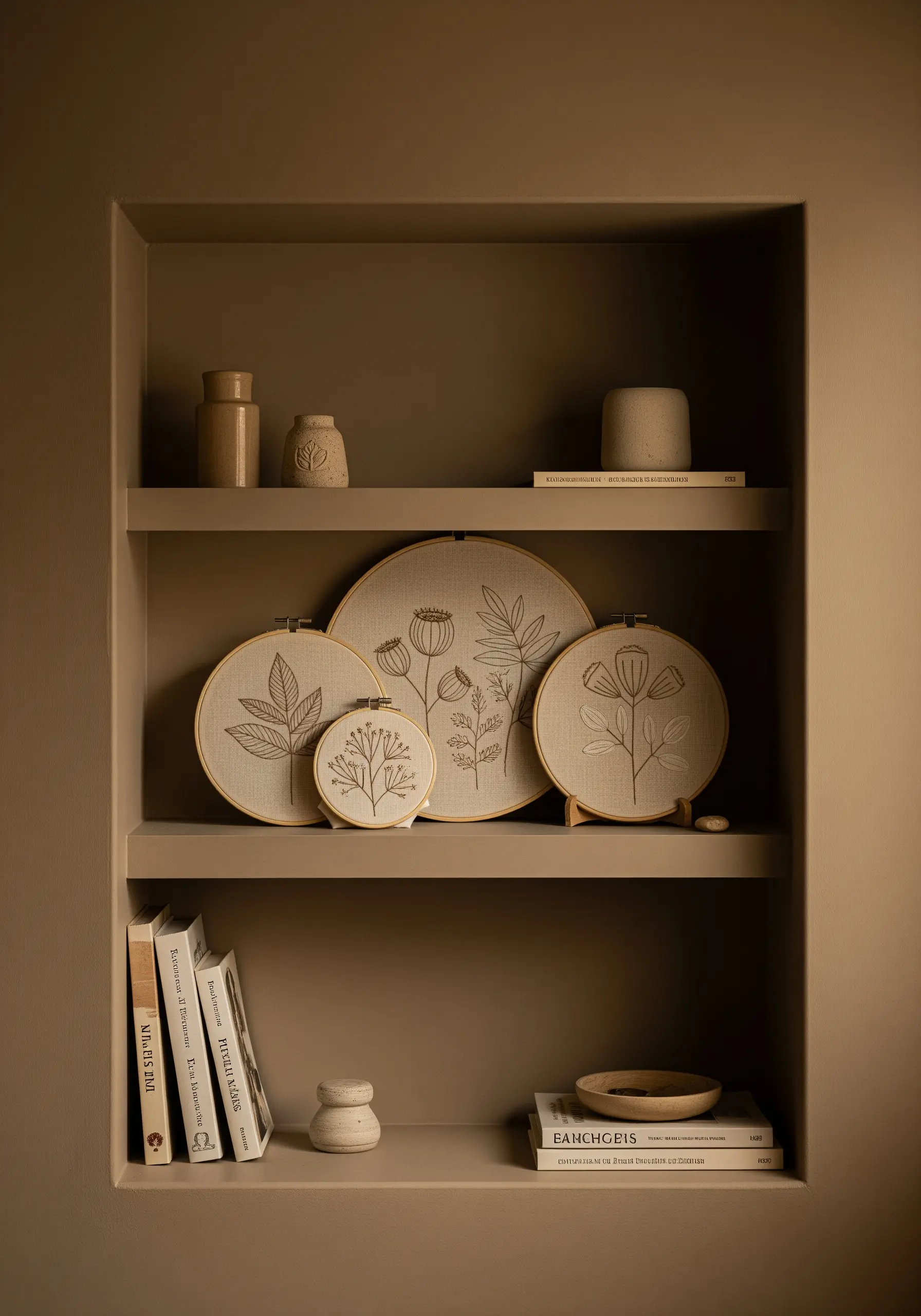 Four embroidery hoops of varying sizes with elegant botanical line art on a shelf