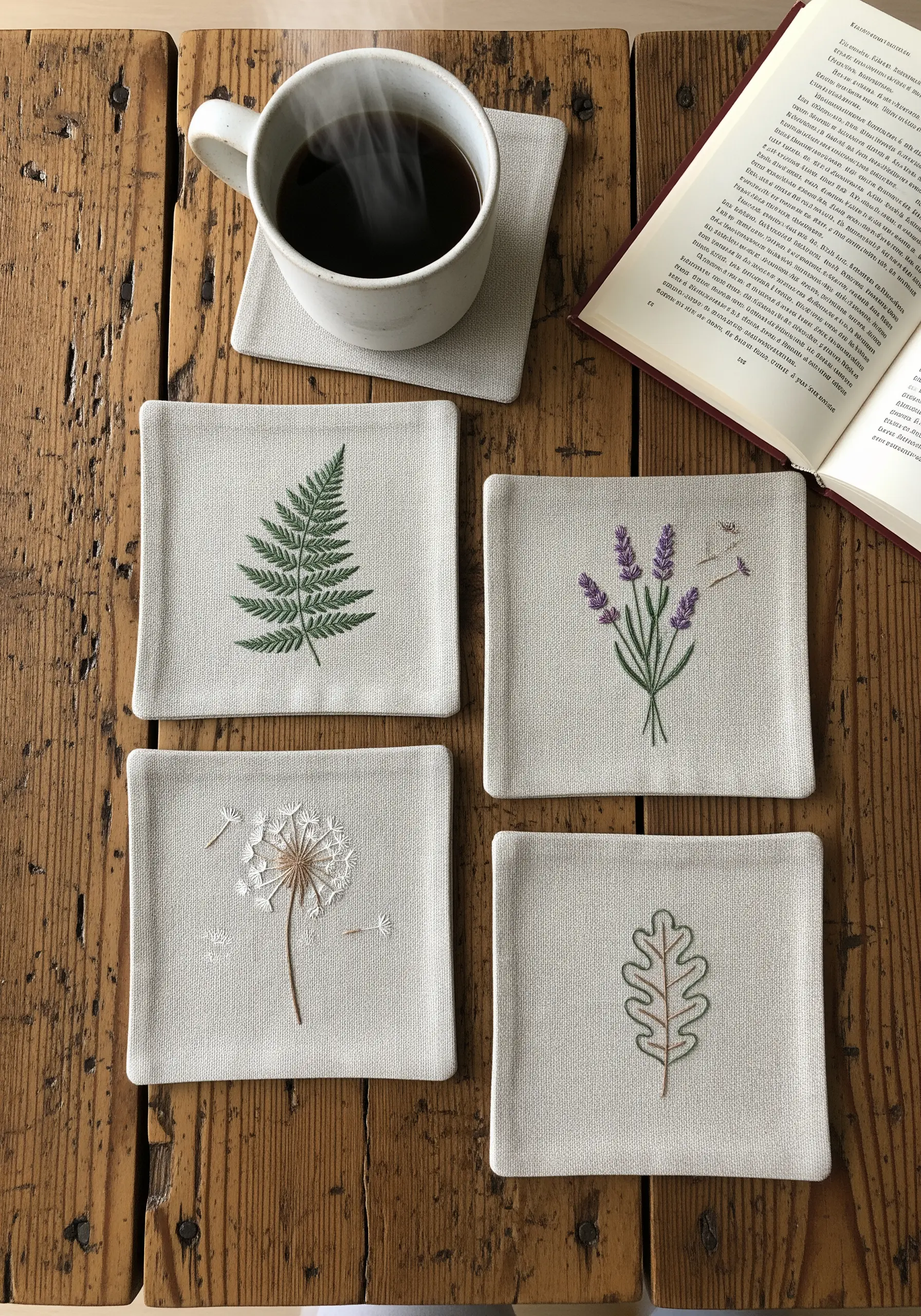 Set of four linen coasters, each embroidered with a delicate botanical like lavender or a fern.