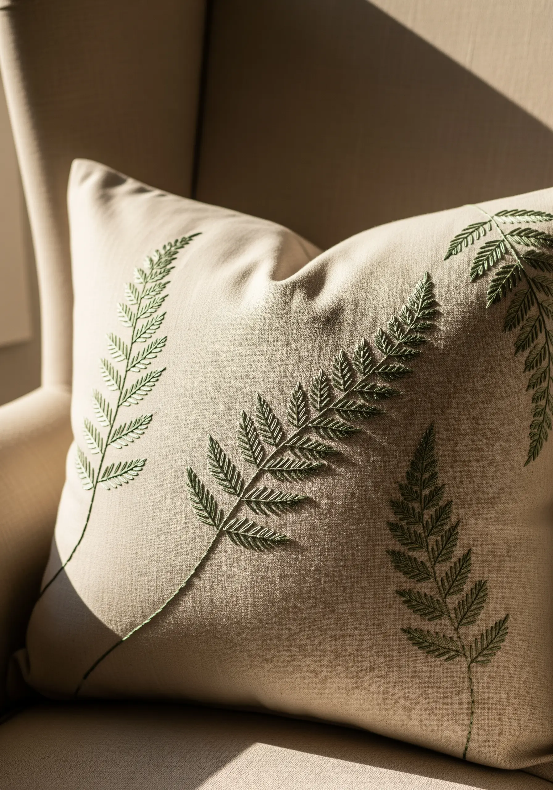 Close-up of a perfectly executed fern leaf embroidered in green on a cream cushion.