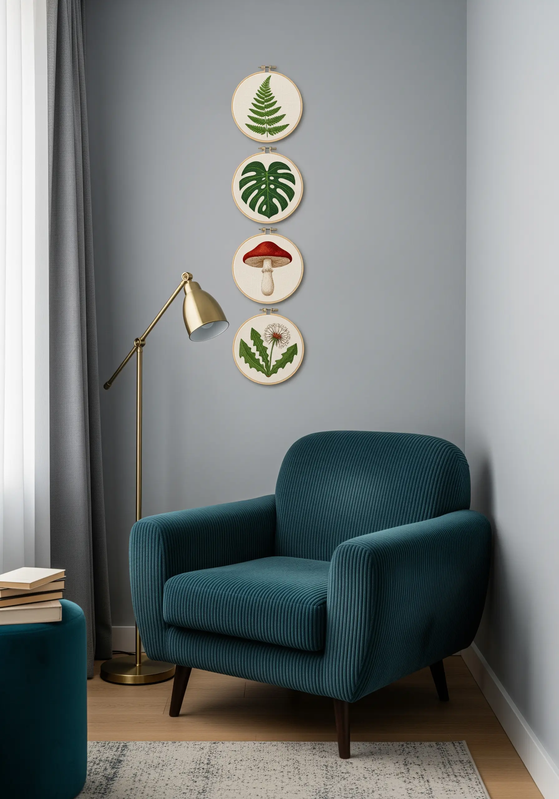 Four embroidery hoops with realistic botanical designs: a fern, monstera leaf, mushroom, and dandelion