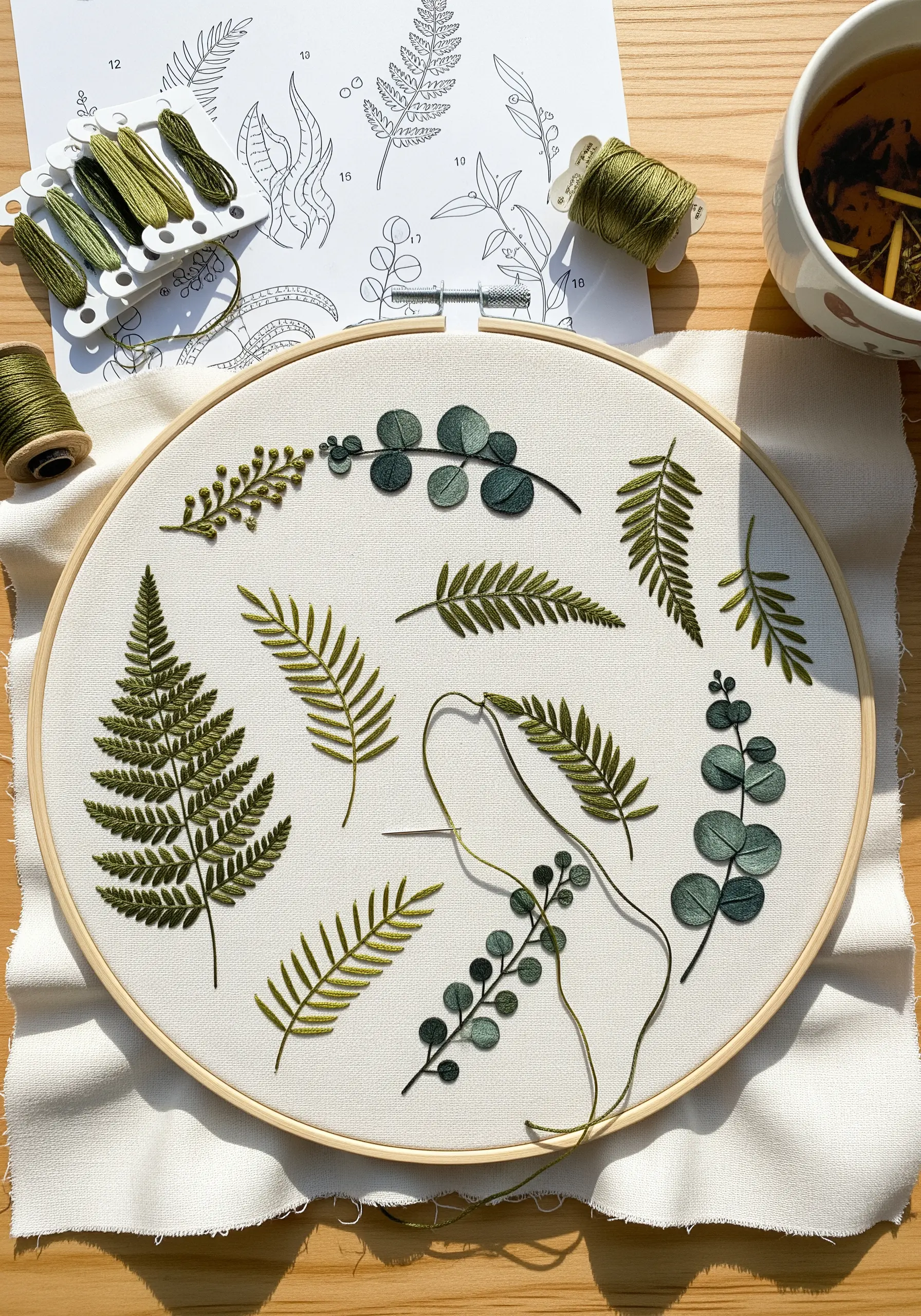 A collection of realistic green fern and eucalyptus leaves stitched on off-white fabric.