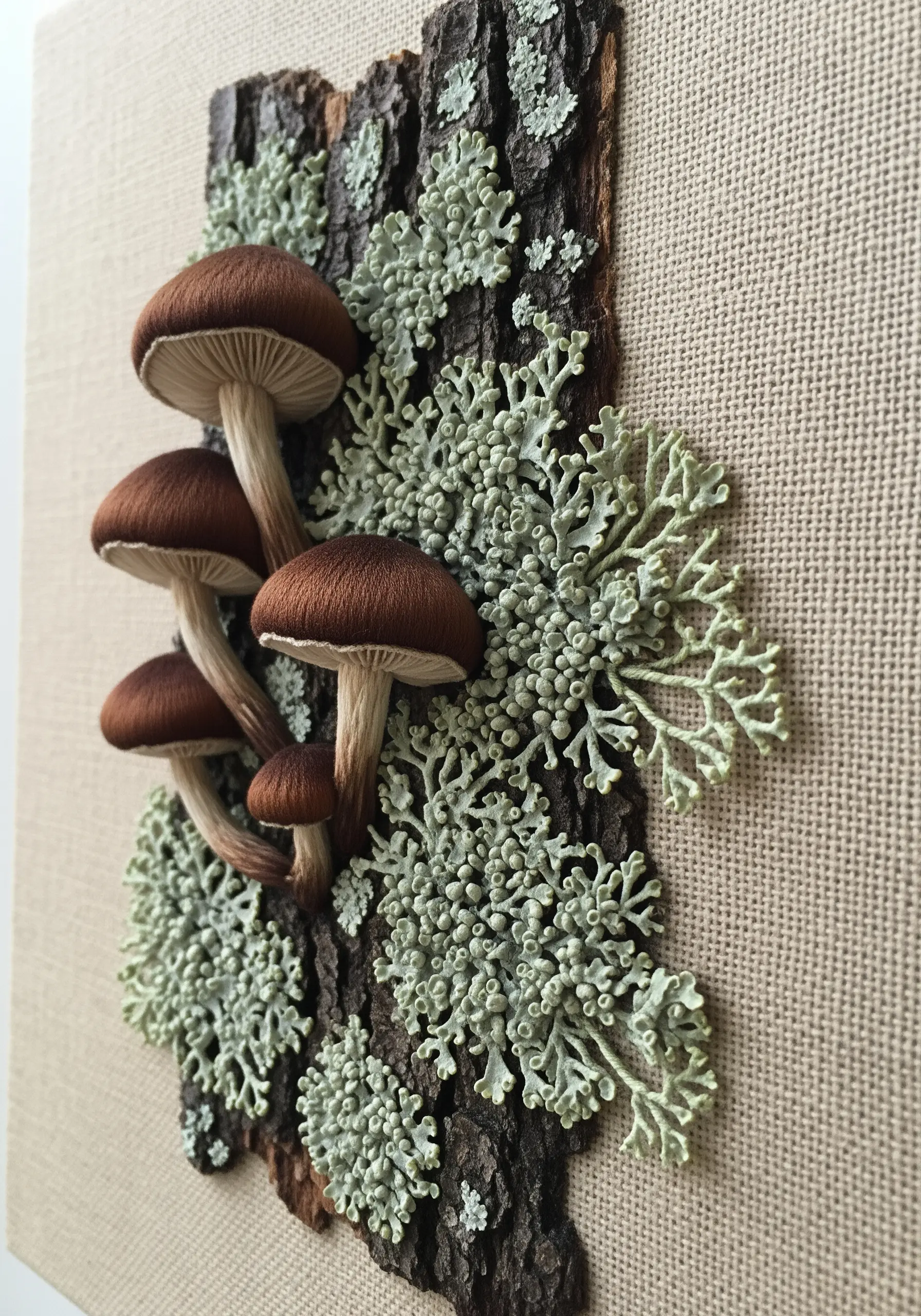 Hyper-realistic stumpwork embroidery of mushrooms and lichen on a piece of actual tree bark.