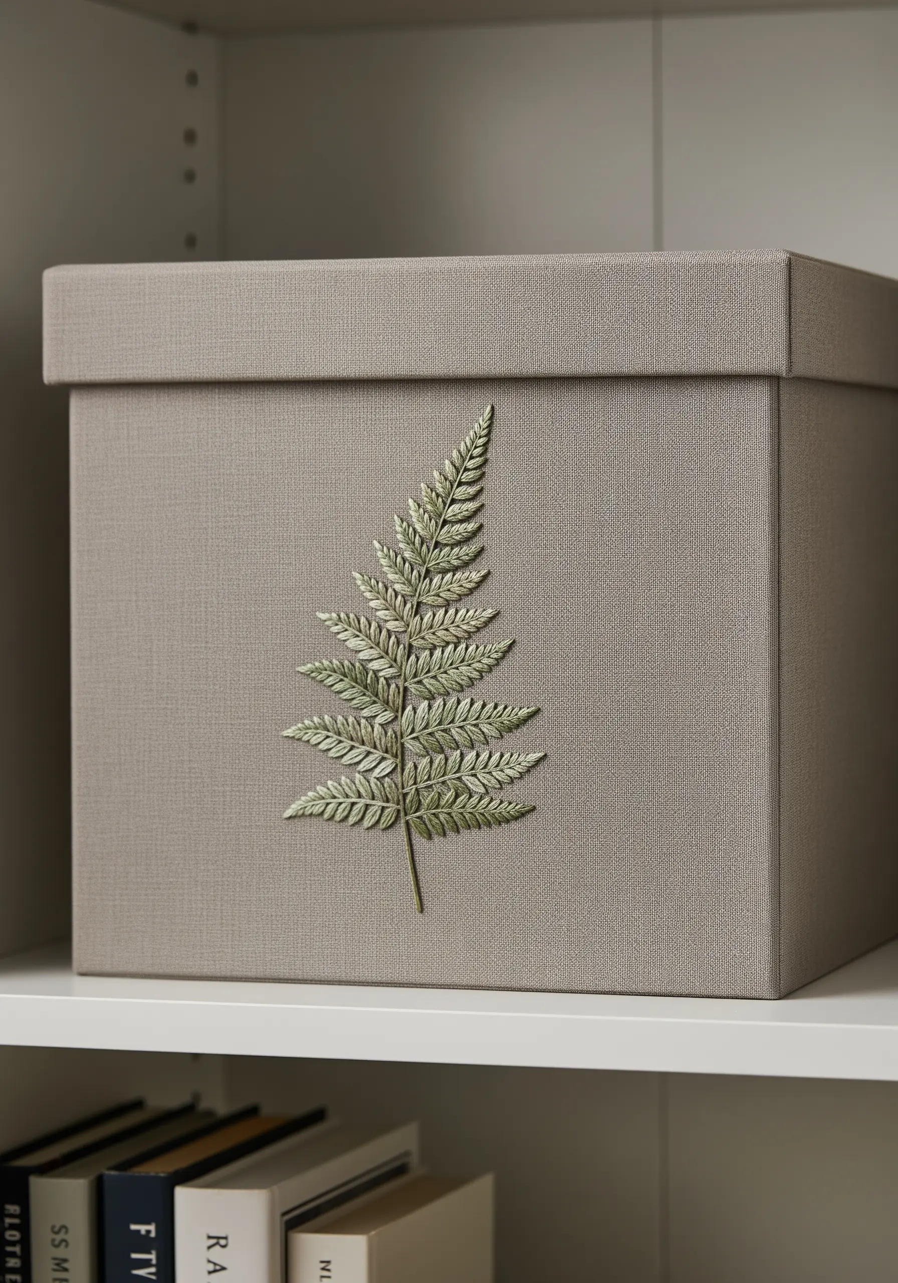 A single, realistic fern leaf embroidered on the side of a grey fabric box.