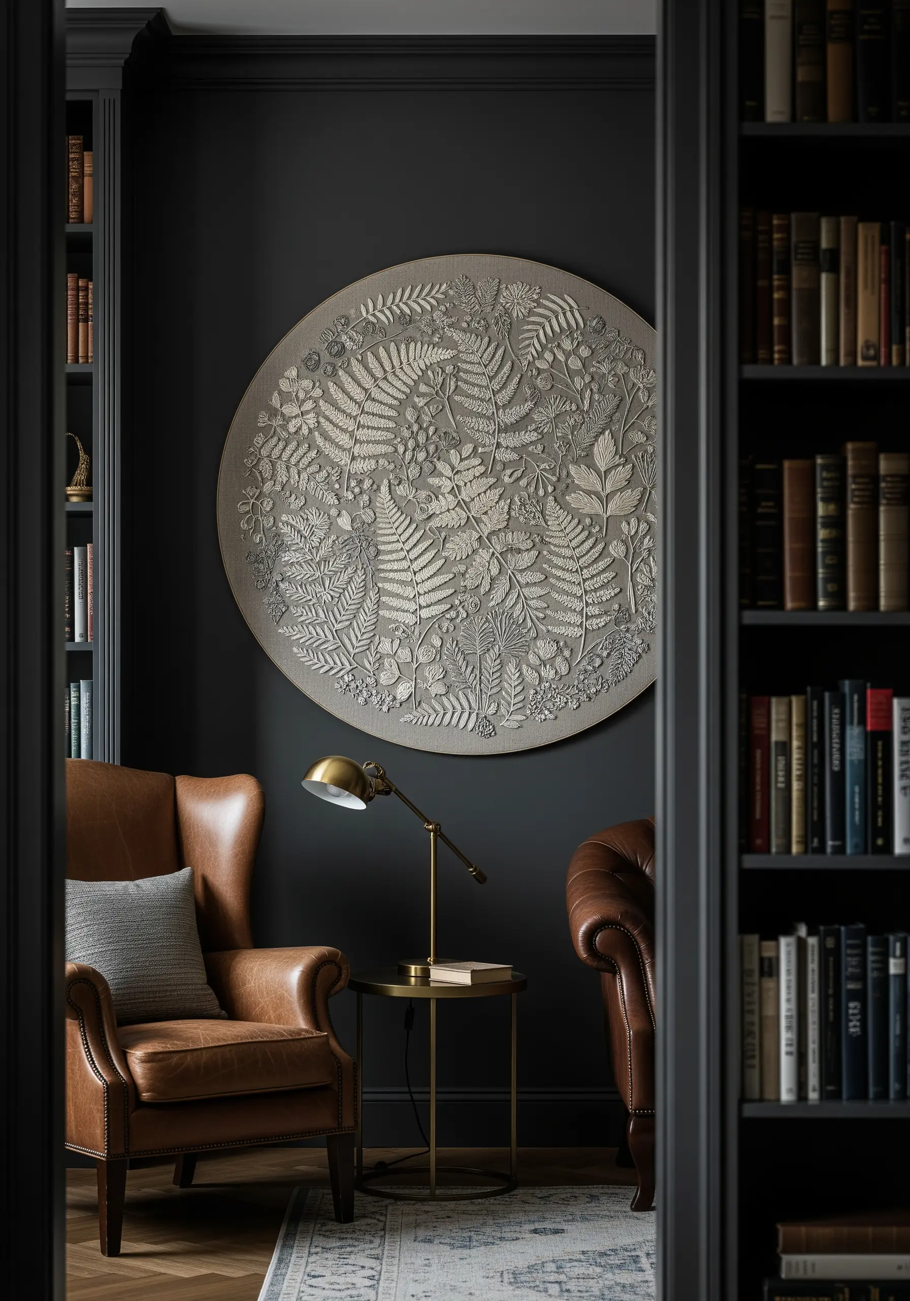 A large circular artwork with highly detailed, raised embroidery of ferns and leaves in cream tones.