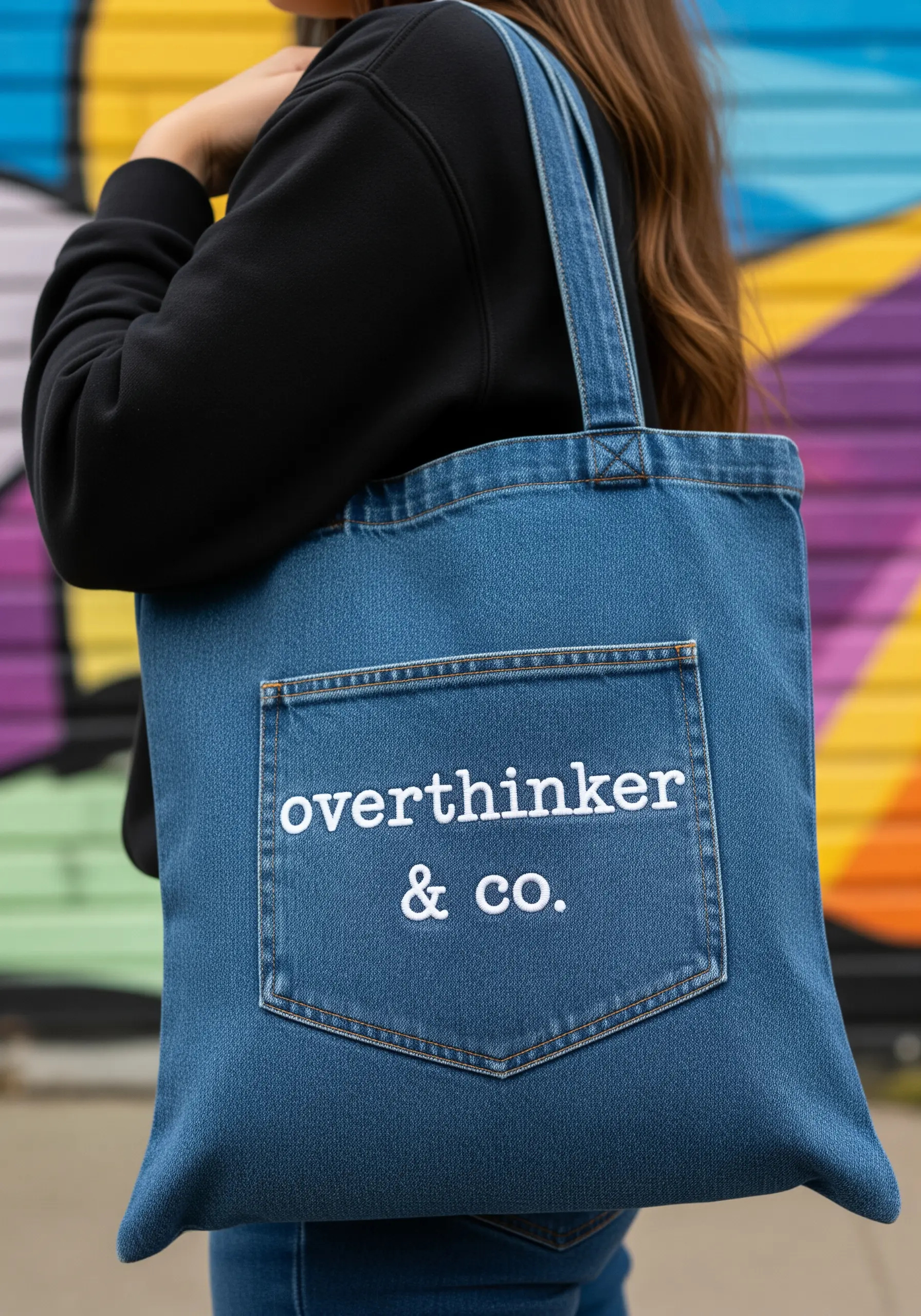 Clean backstitch serif font on a repurposed denim pocket tote bag