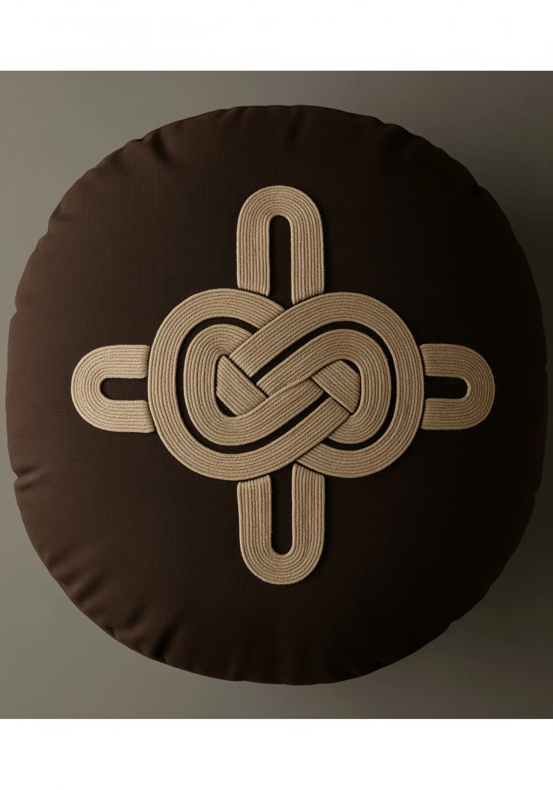 A complex Celtic-style knot made of thick beige cord on a round dark brown cushion.