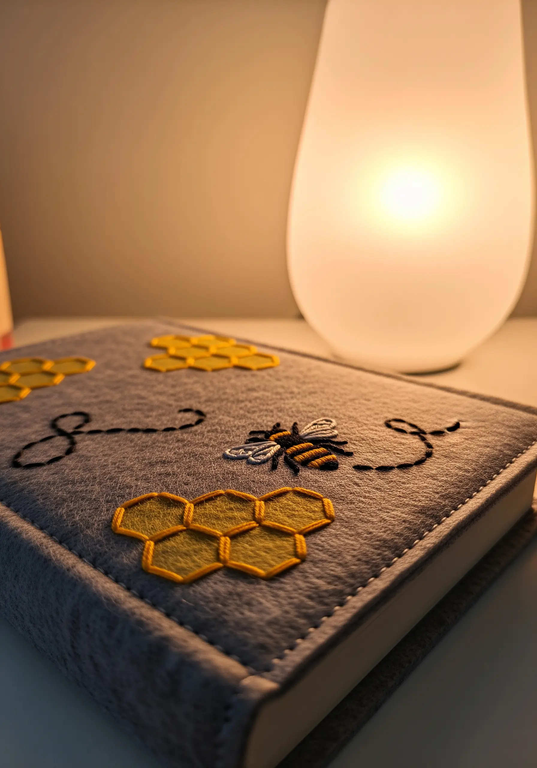 A felt book cover embroidered with a bee and golden satin-stitched honeycombs.