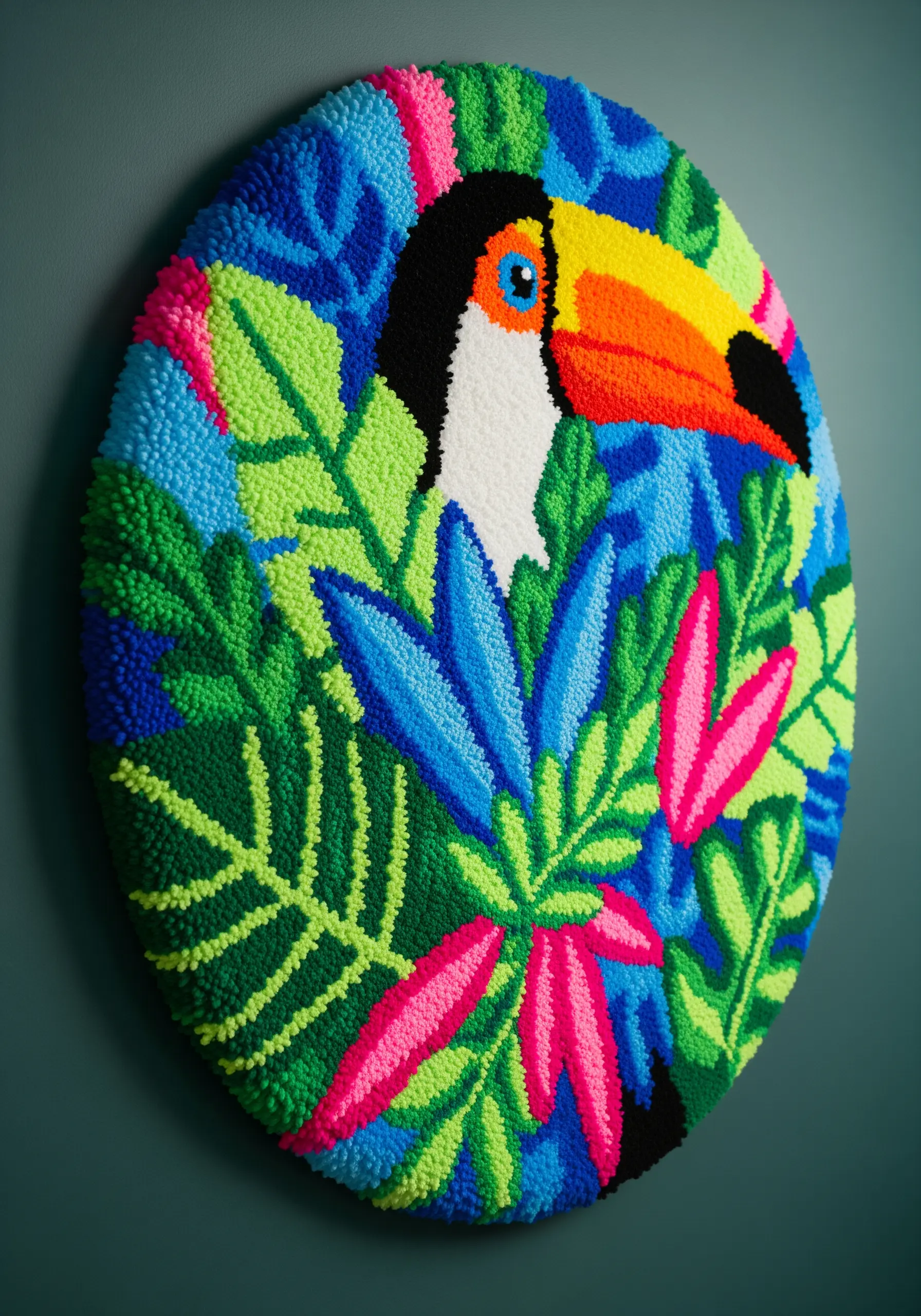 A vibrant punch needle artwork of a toucan surrounded by tropical blue, green, and pink leaves.