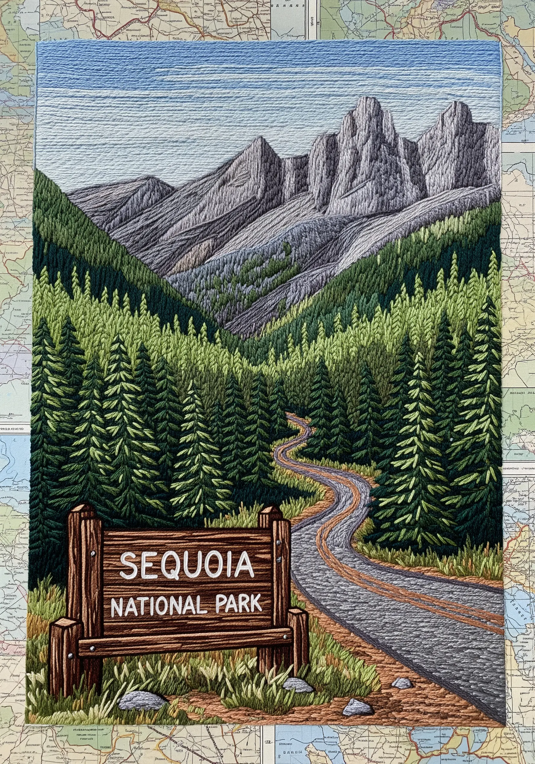 Embroidery of a forest scene with a detailed wooden sign for Sequoia National Park.