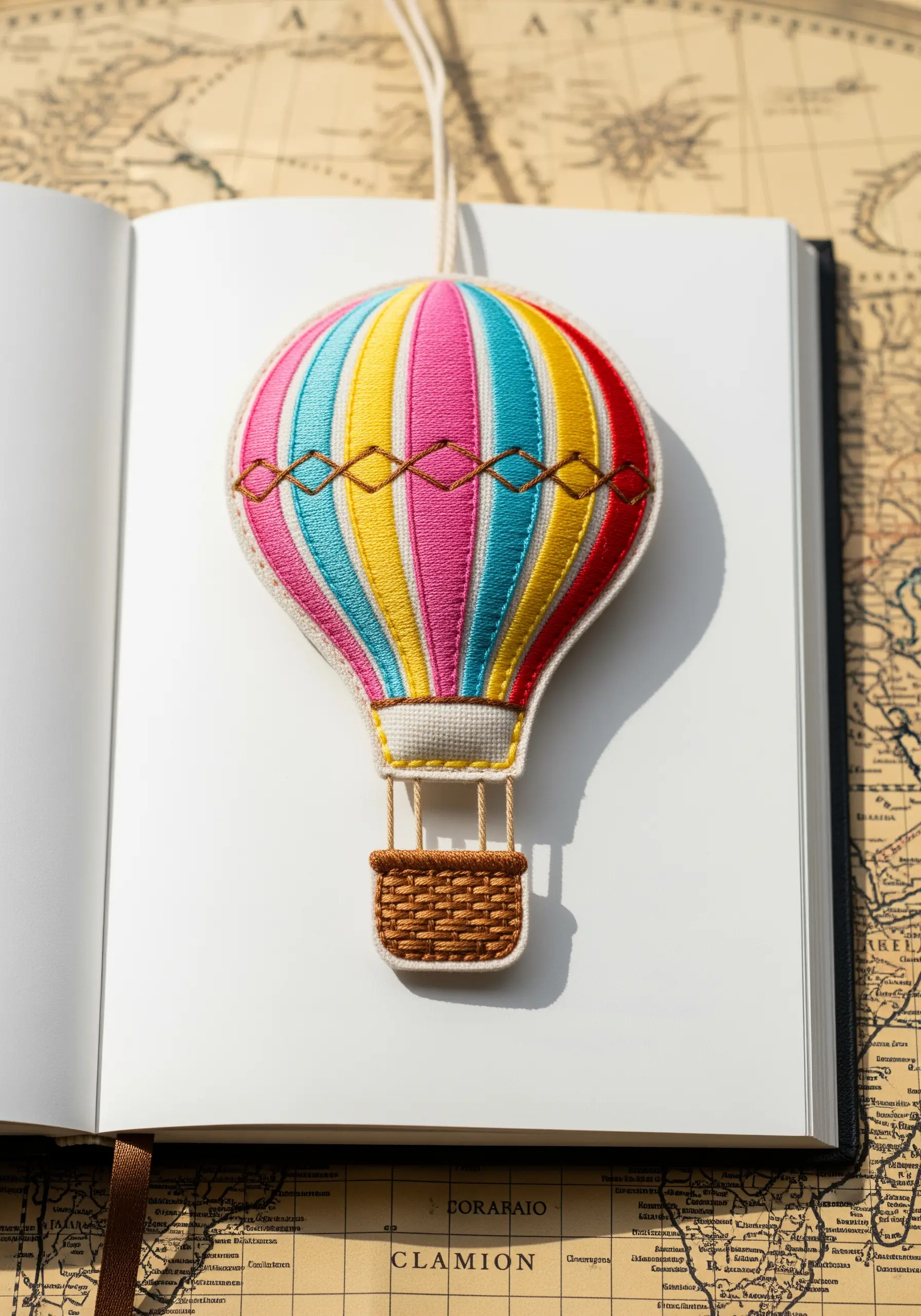 Colorful hot air balloon bookmark with satin stitch outlines and a woven basket texture.