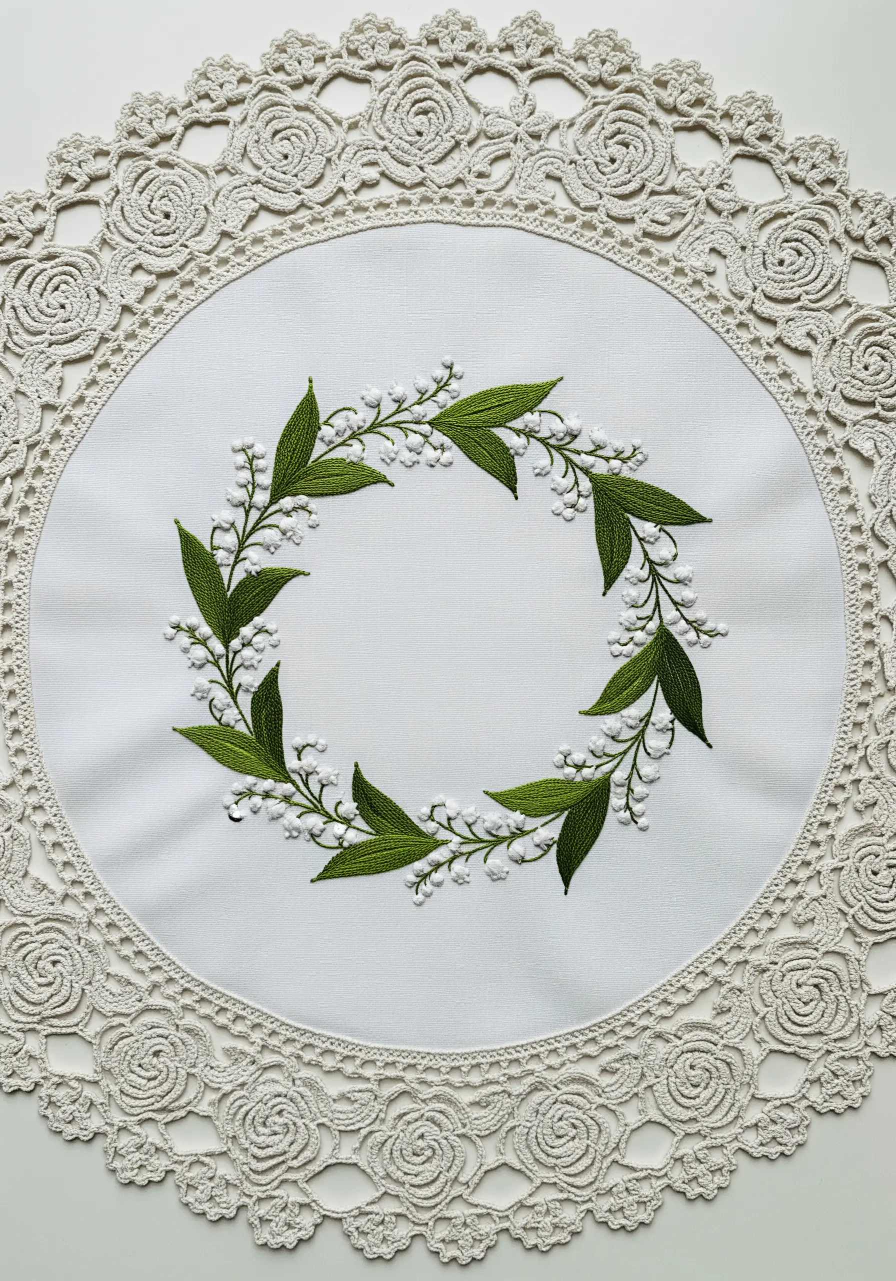 An embroidered wreath of lily of the valley on a white doily with a rose-patterned lace border.