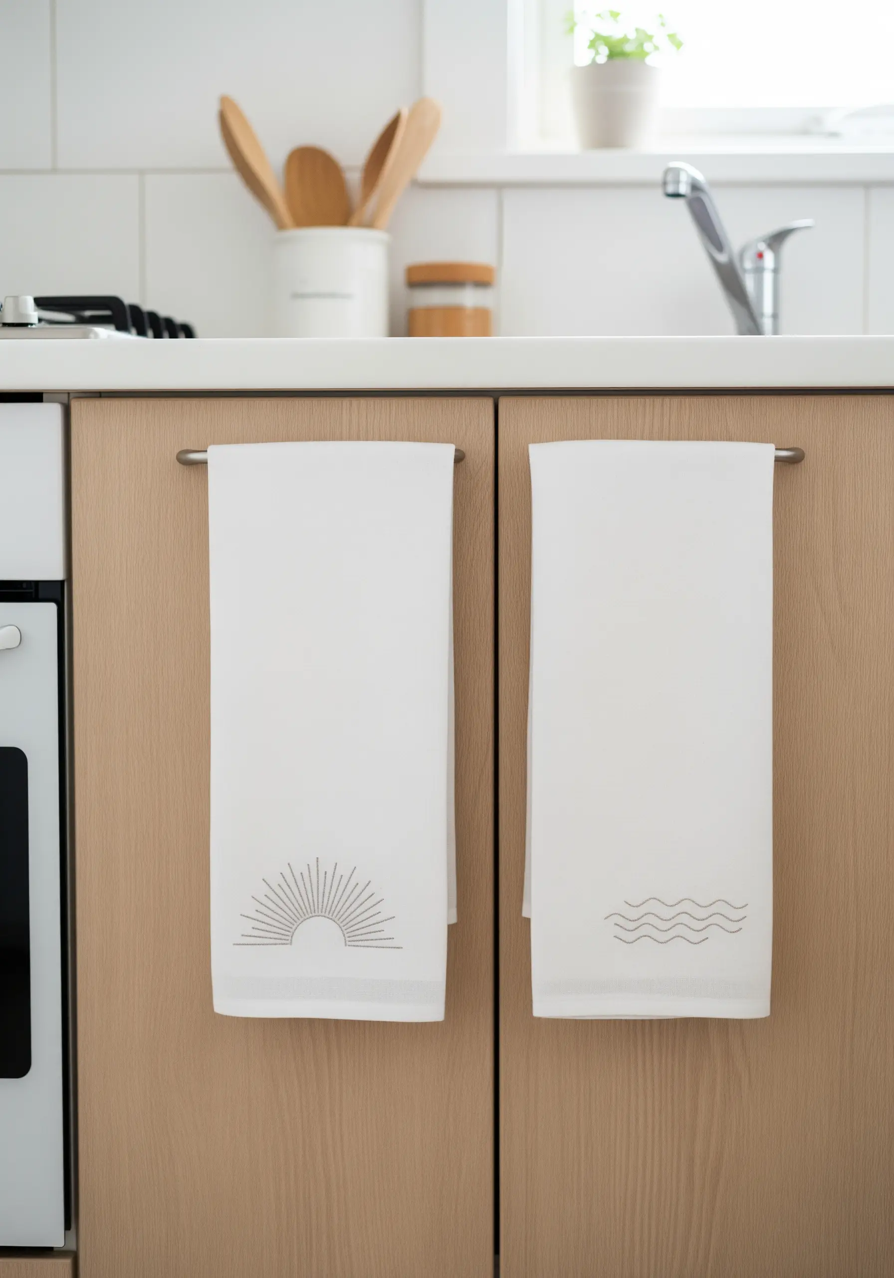 Two white kitchen towels with delicate, minimalist gray embroidery: a sunburst and ocean waves.
