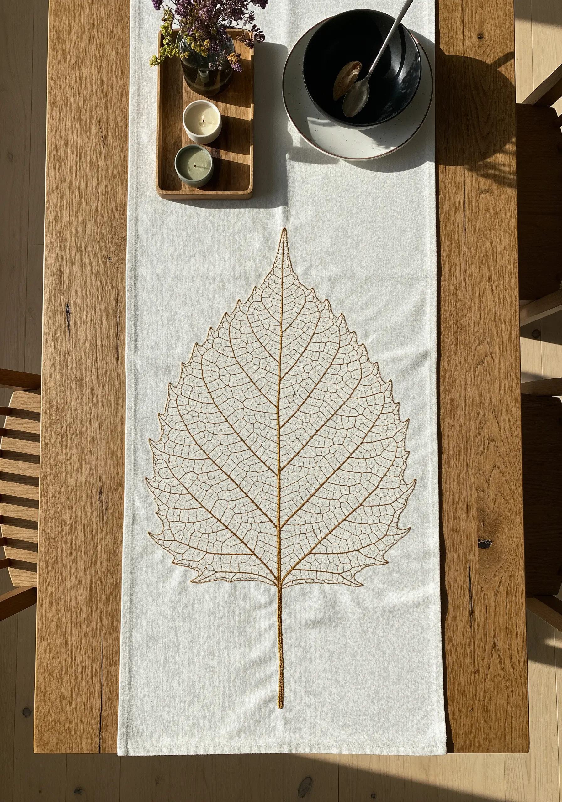 A minimalist gold-thread embroidery of a skeleton leaf on a white table runner.
