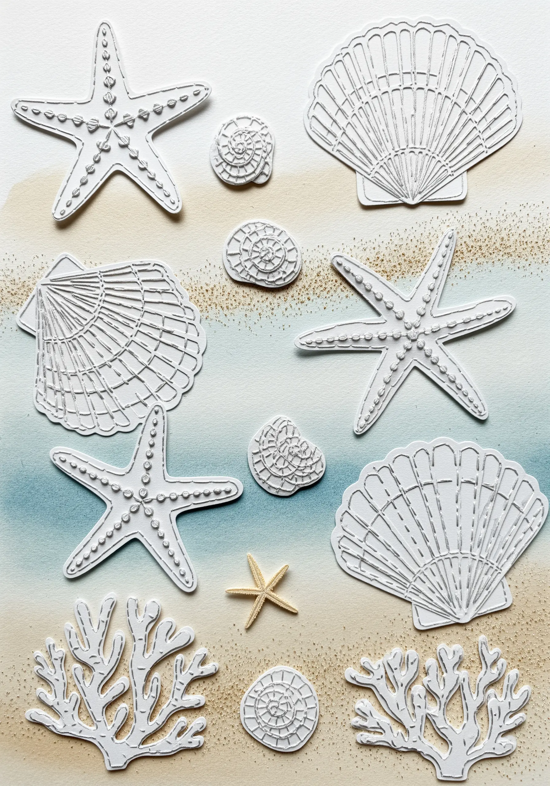 White paper cutouts of seashells and coral, detailed with fine, stitched-like indentations.
