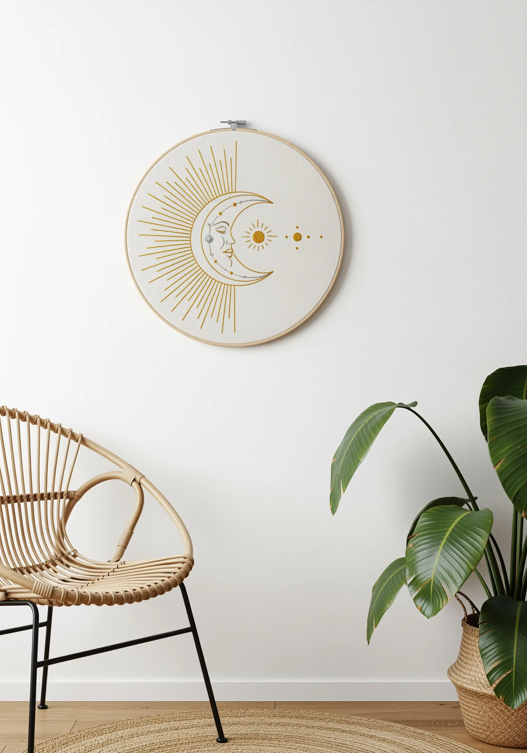 Celestial hoop art with a sun and moon face, stitched with fine gold line work on linen.