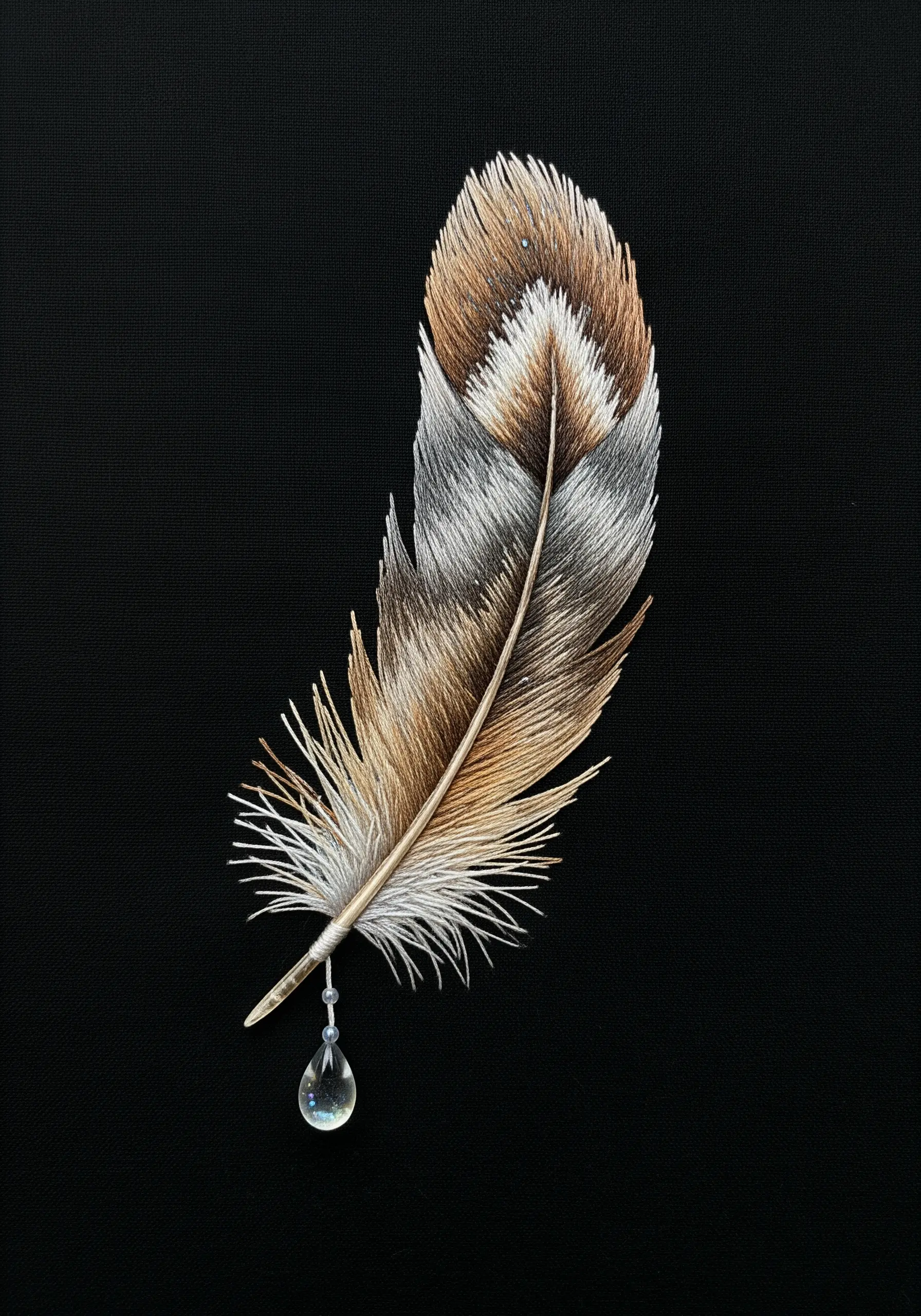 A single, hyper-realistic owl feather embroidered in brown, grey, and white, with a crystal teardrop bead.