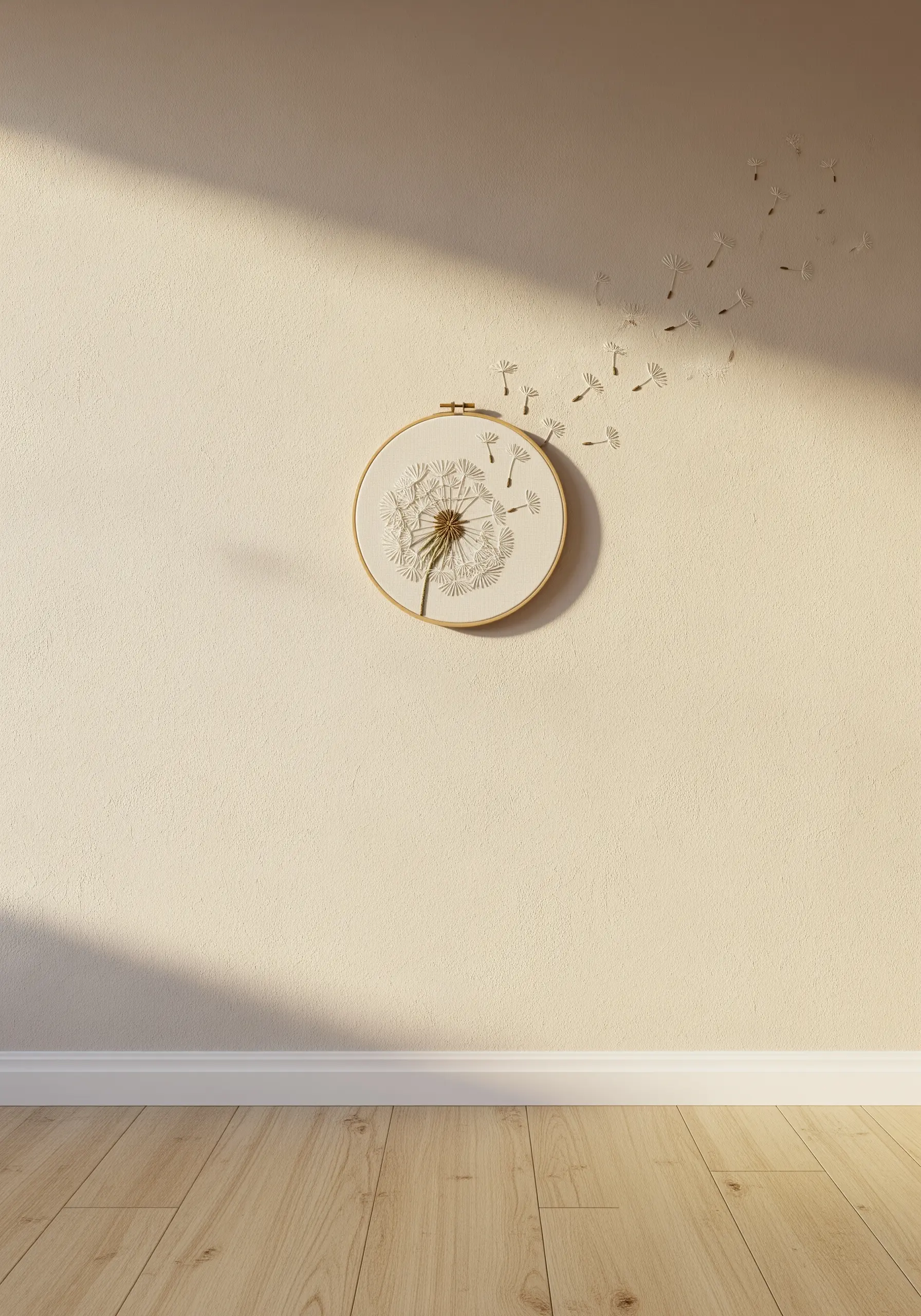 A dandelion embroidered in a hoop, with individual seeds appearing to float away onto the wall