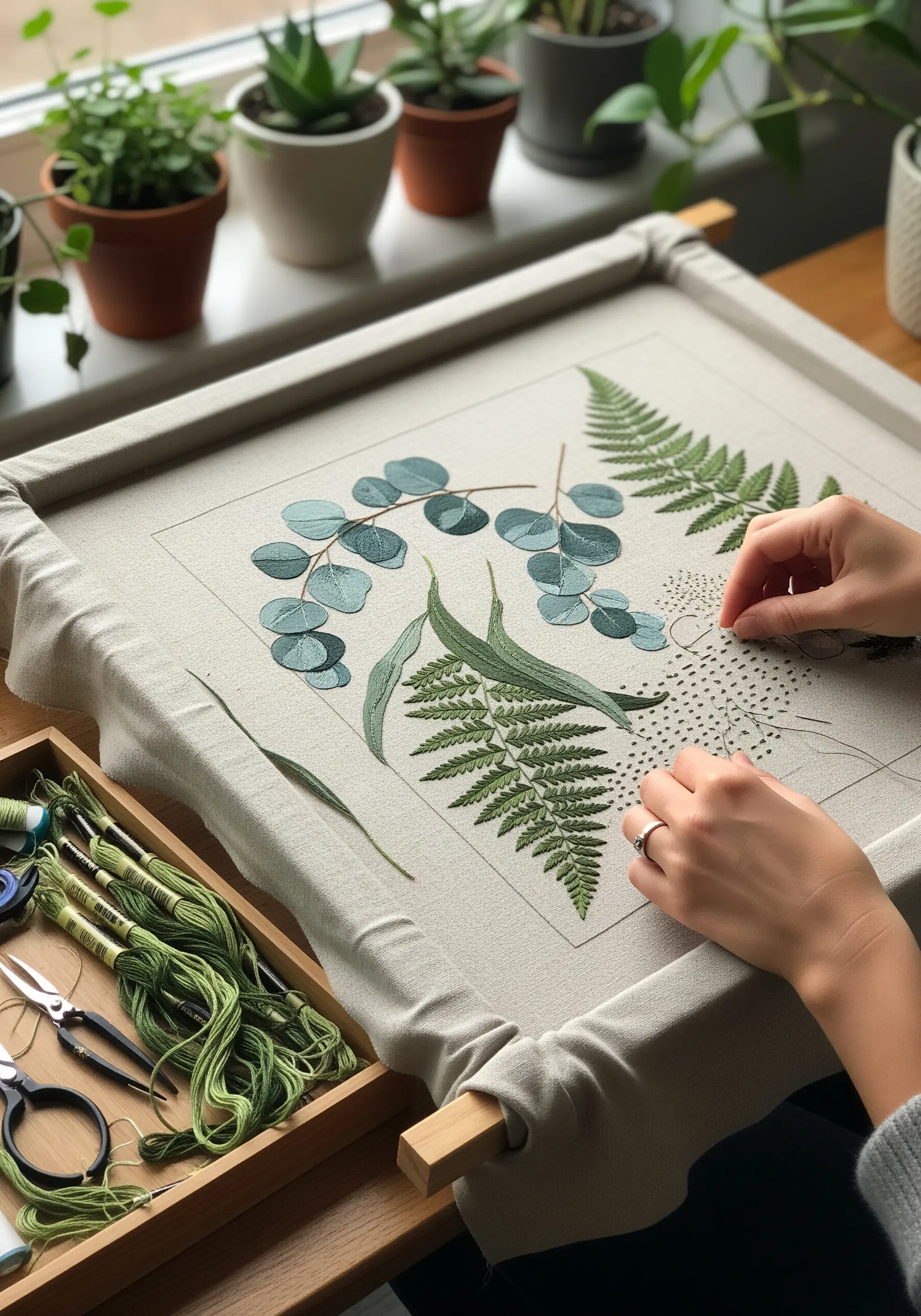 A large embroidery frame with detailed fern and eucalyptus leaves stitched onto neutral linen