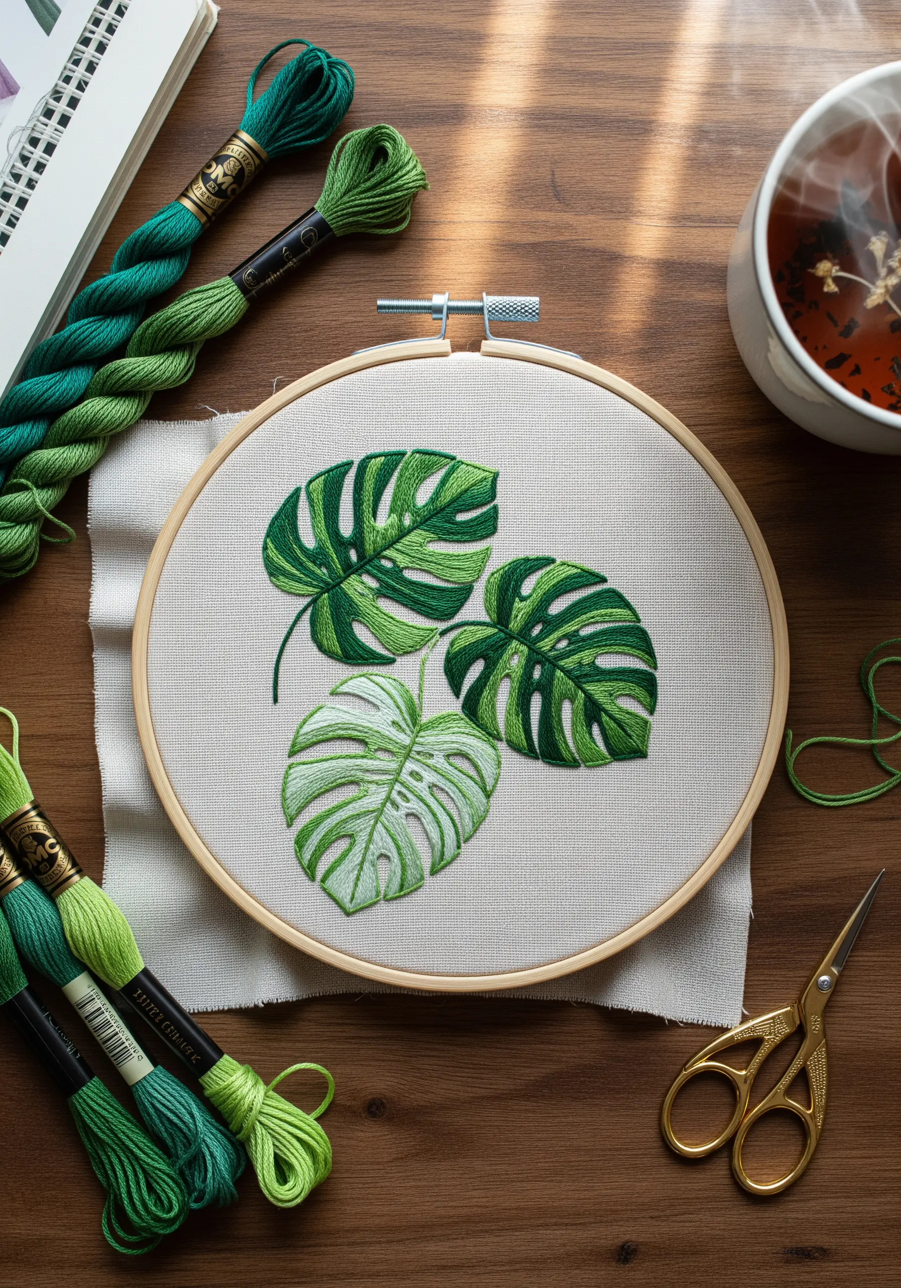 Embroidery hoop with three satin-stitched Monstera leaves in shades of green.