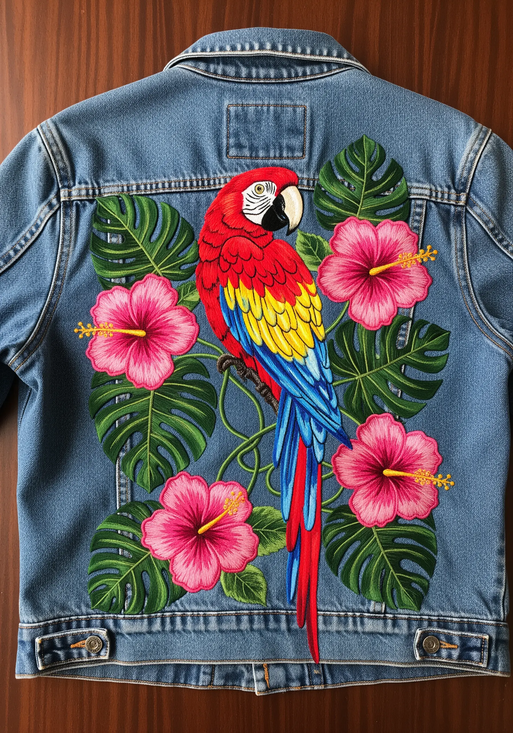 Embroidered scarlet macaw with hibiscus flowers on the back of a blue denim jacket.