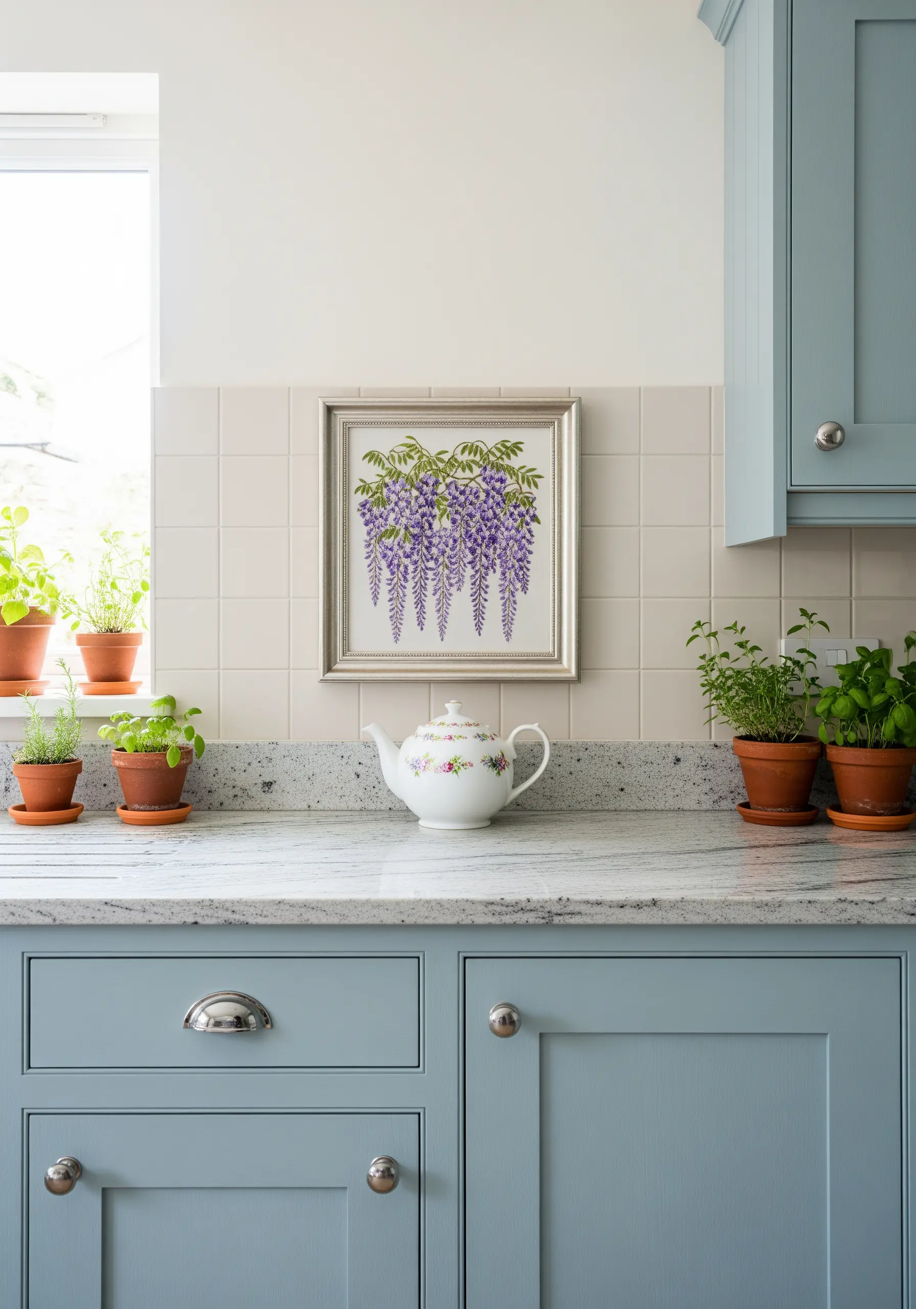 Framed embroidery of cascading purple wisteria in a kitchen with potted herbs.