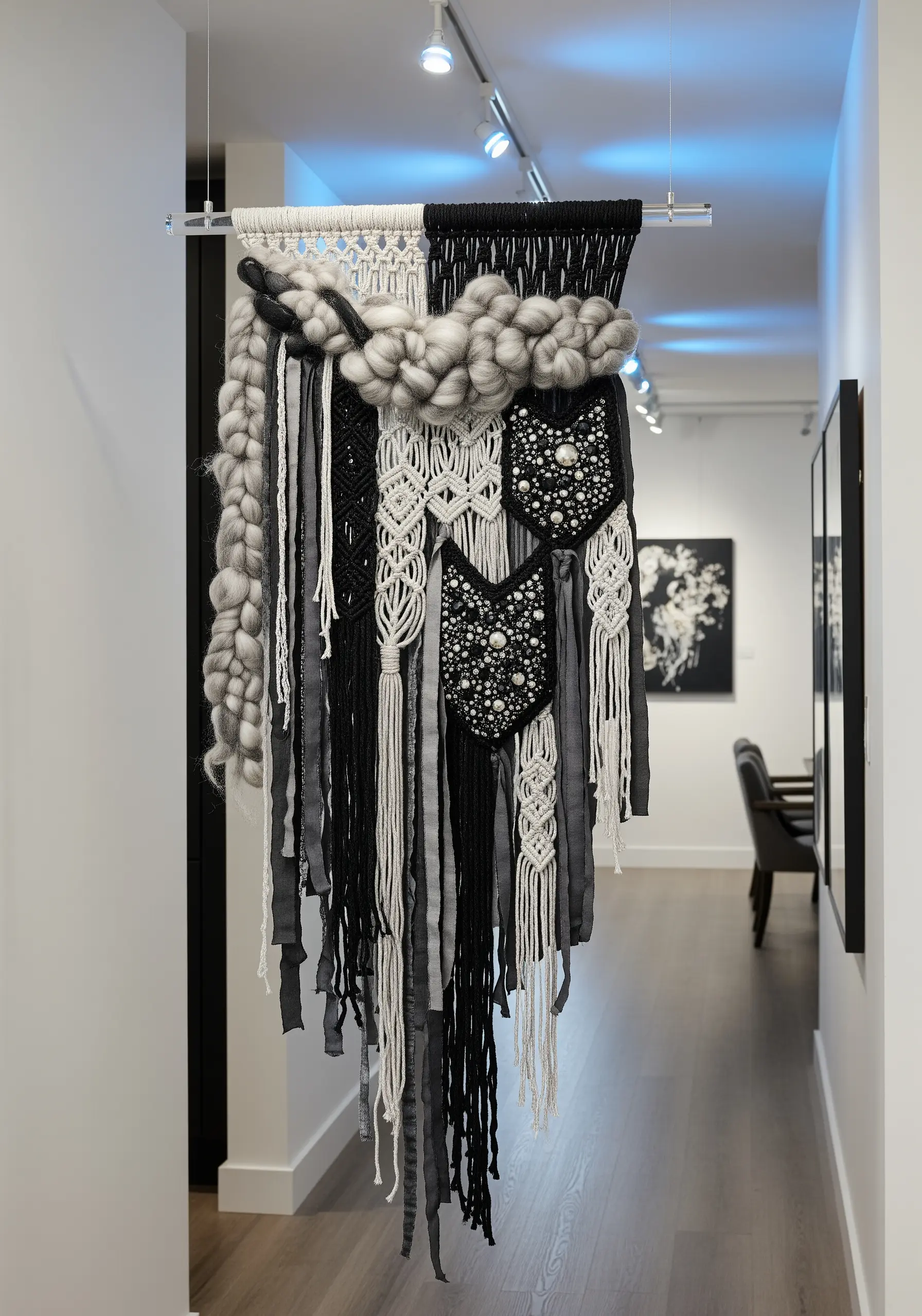 Monochrome black, white, and gray fiber art wall hanging with macrame, weaving, and pearl embellishments.