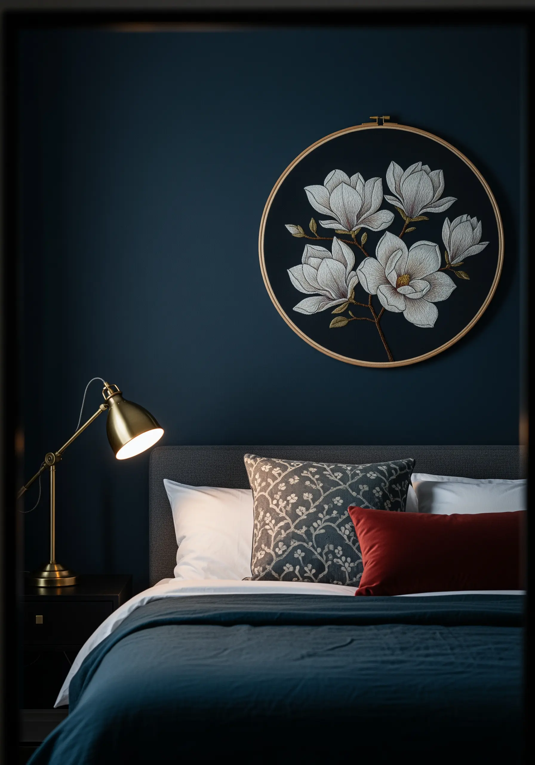Embroidery of white magnolias on dark fabric in a hoop, hung on a dark blue wall.
