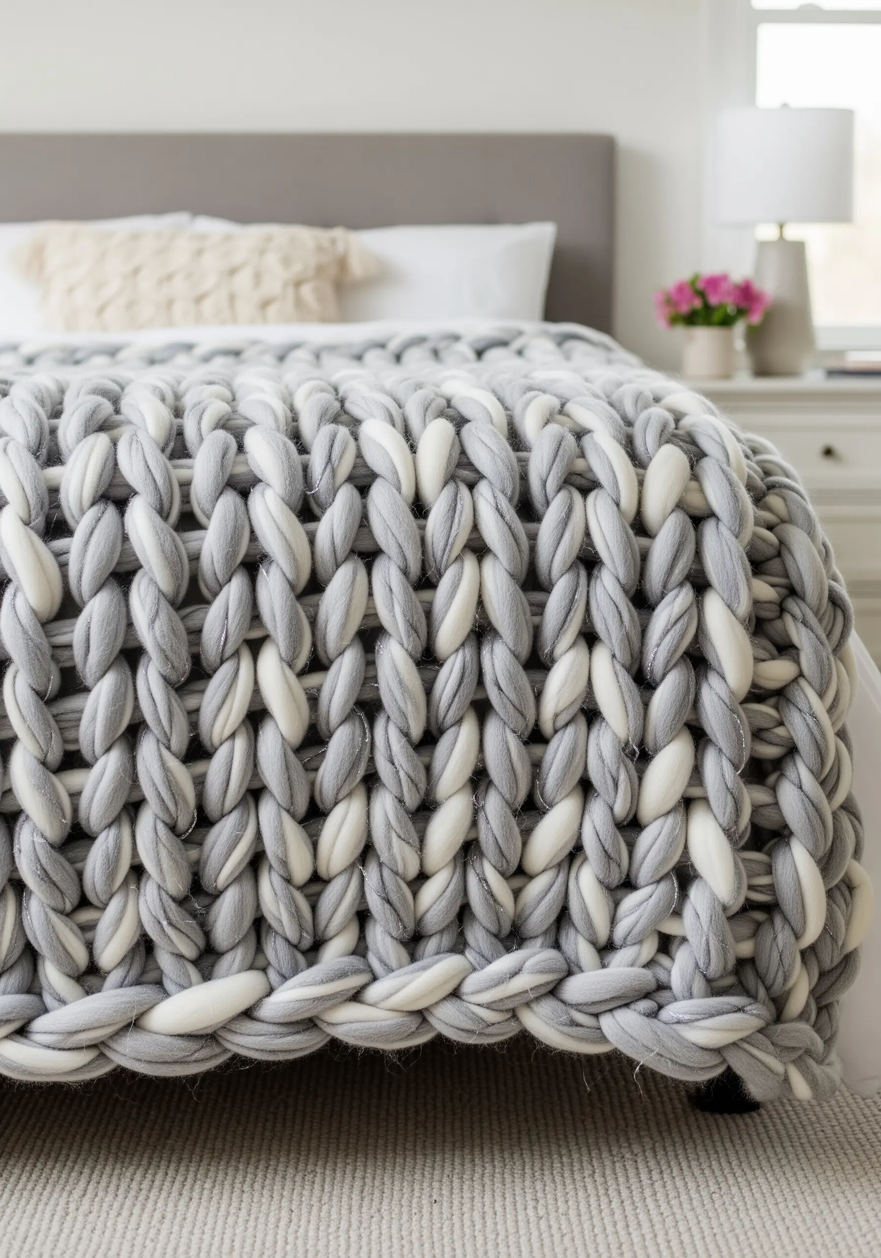 A close-up of a chunky knit blanket made with oversized grey and white two-toned yarn.