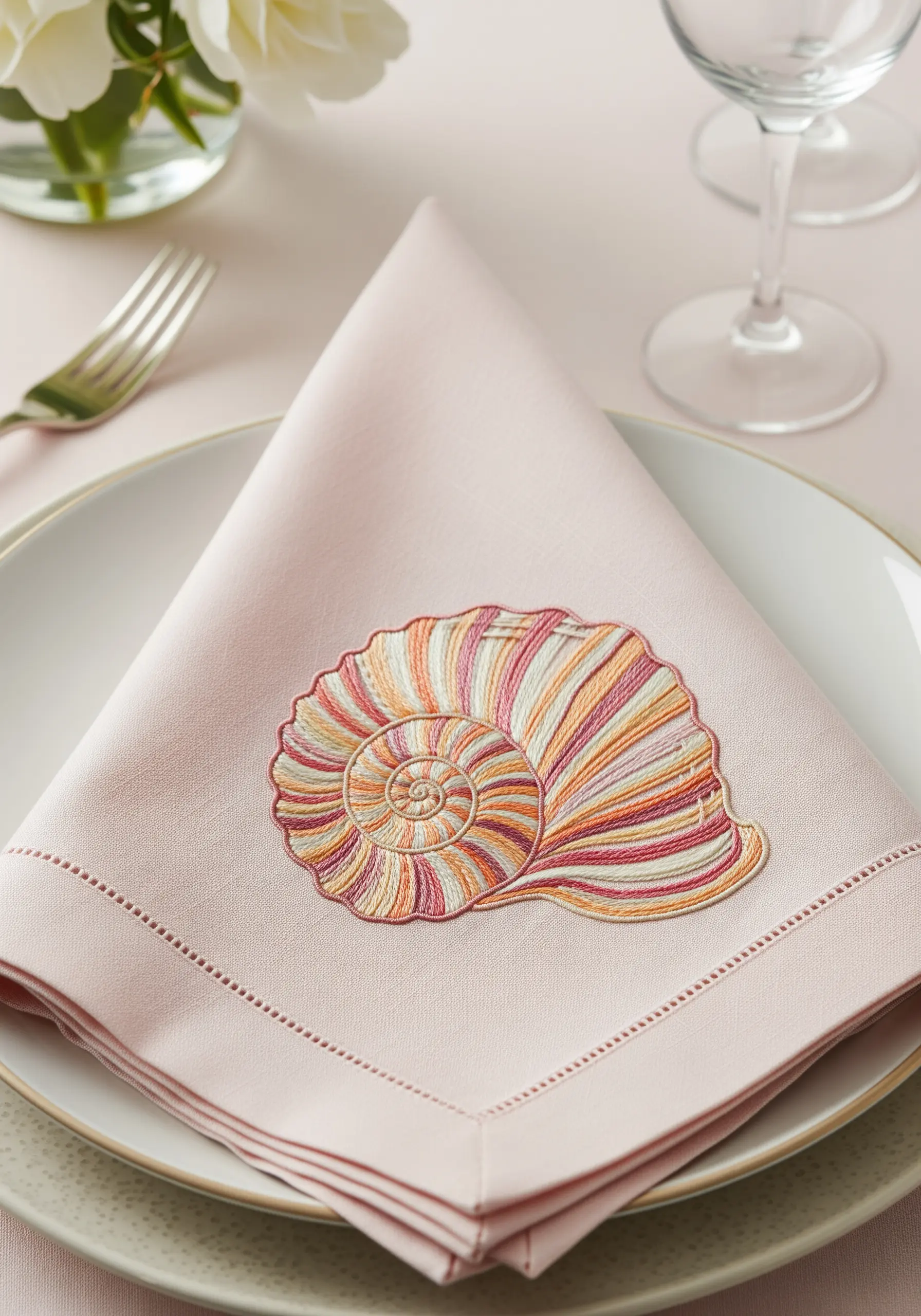 A single seashell embroidered on a pink napkin using multi-colored variegated thread.
