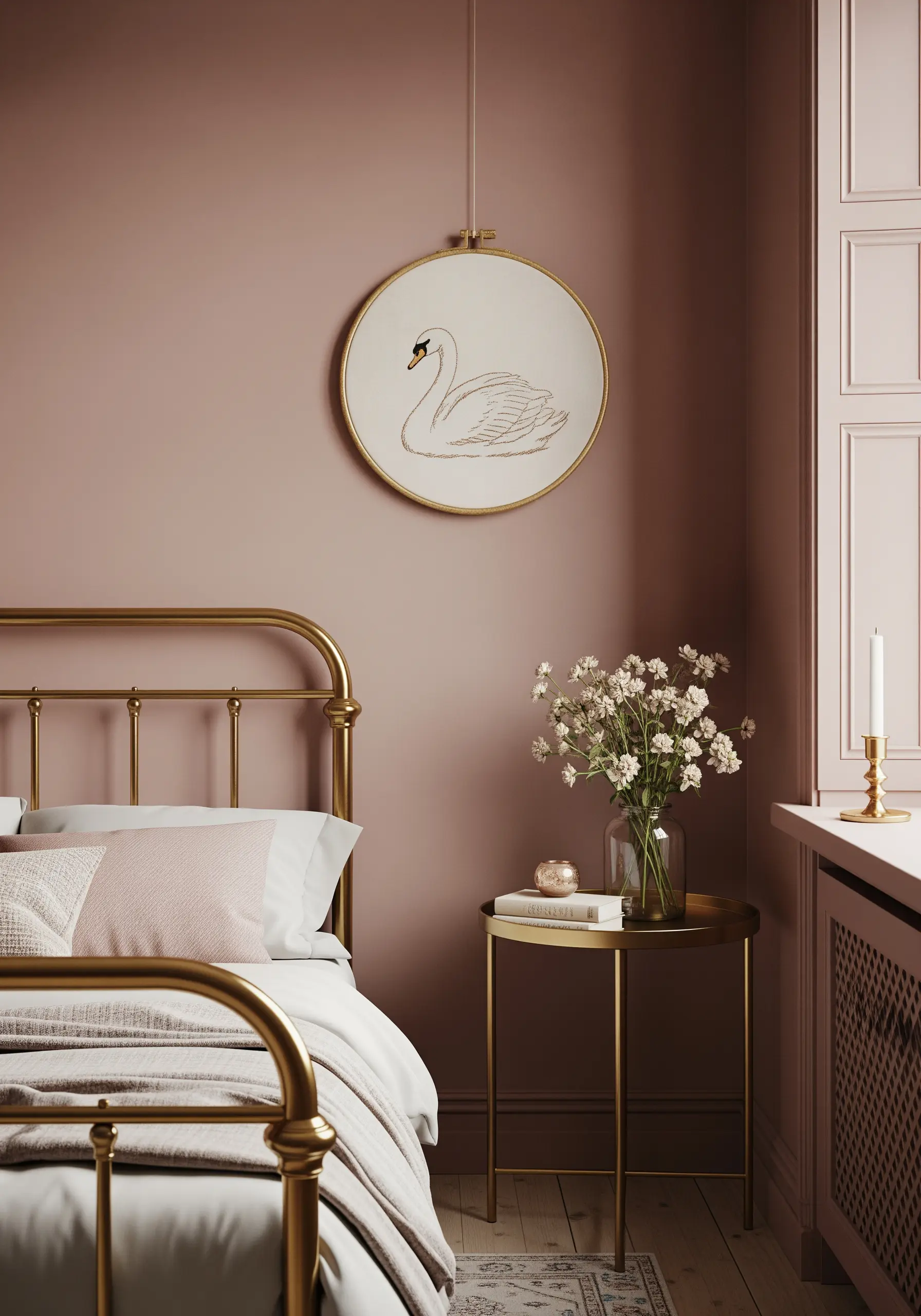 An elegant swan embroidered in off-white thread on a cream background, hanging on a dusty pink wall.