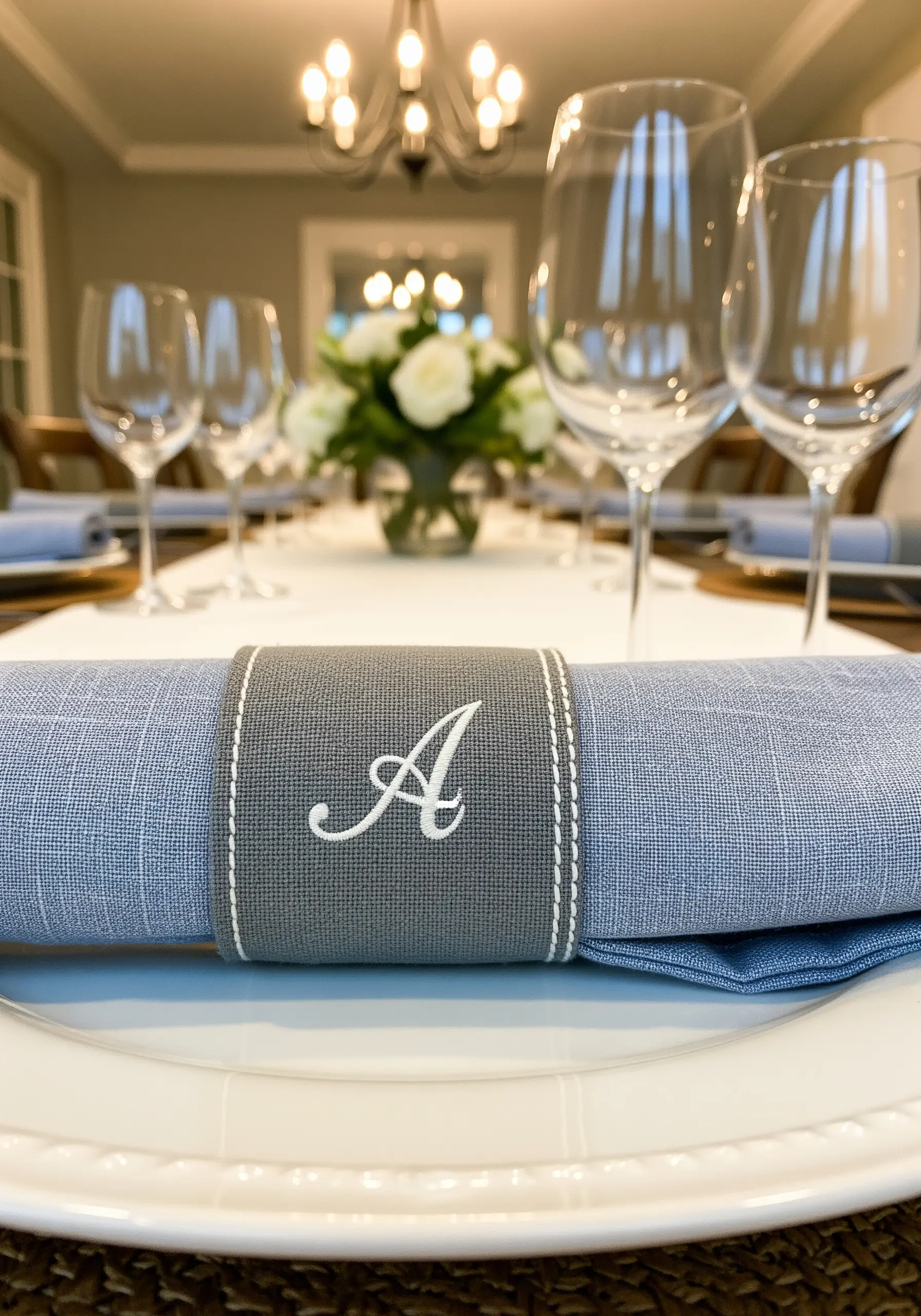 A gray fabric napkin ring with an elegant white embroidered 'A' monogram.
