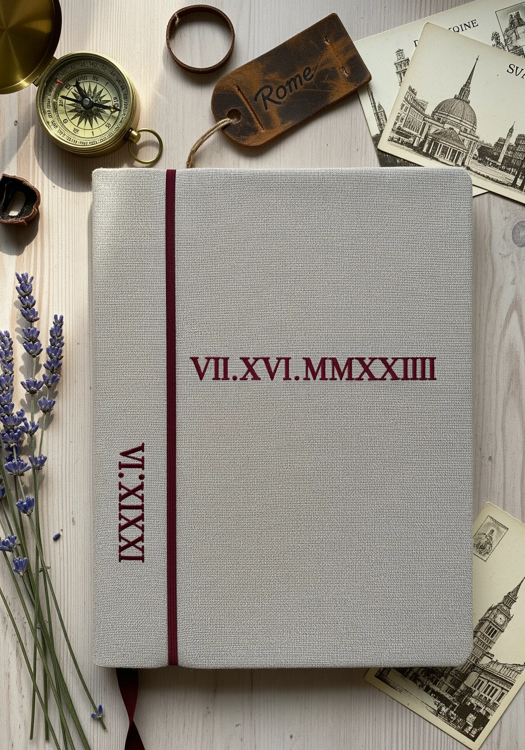 A significant date stitched in Roman numerals on the cover of a linen-bound travel album.