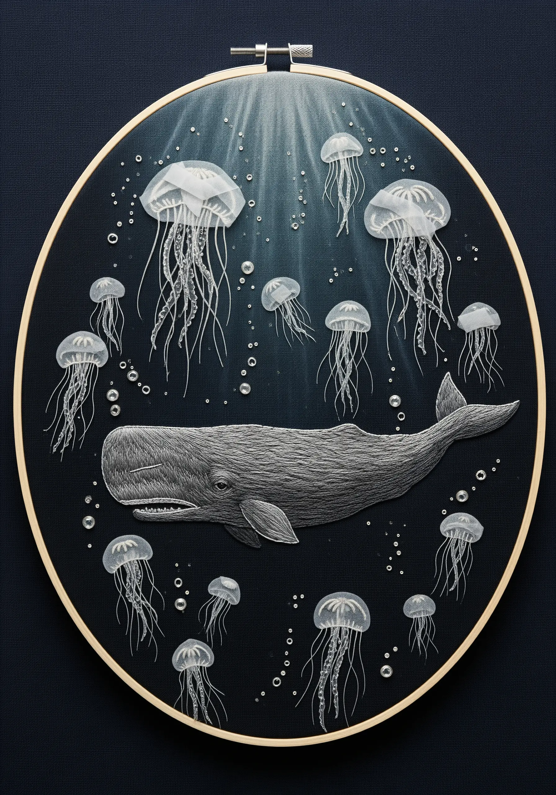 A detailed embroidered whale swims with semi-transparent jellyfish on dark fabric.