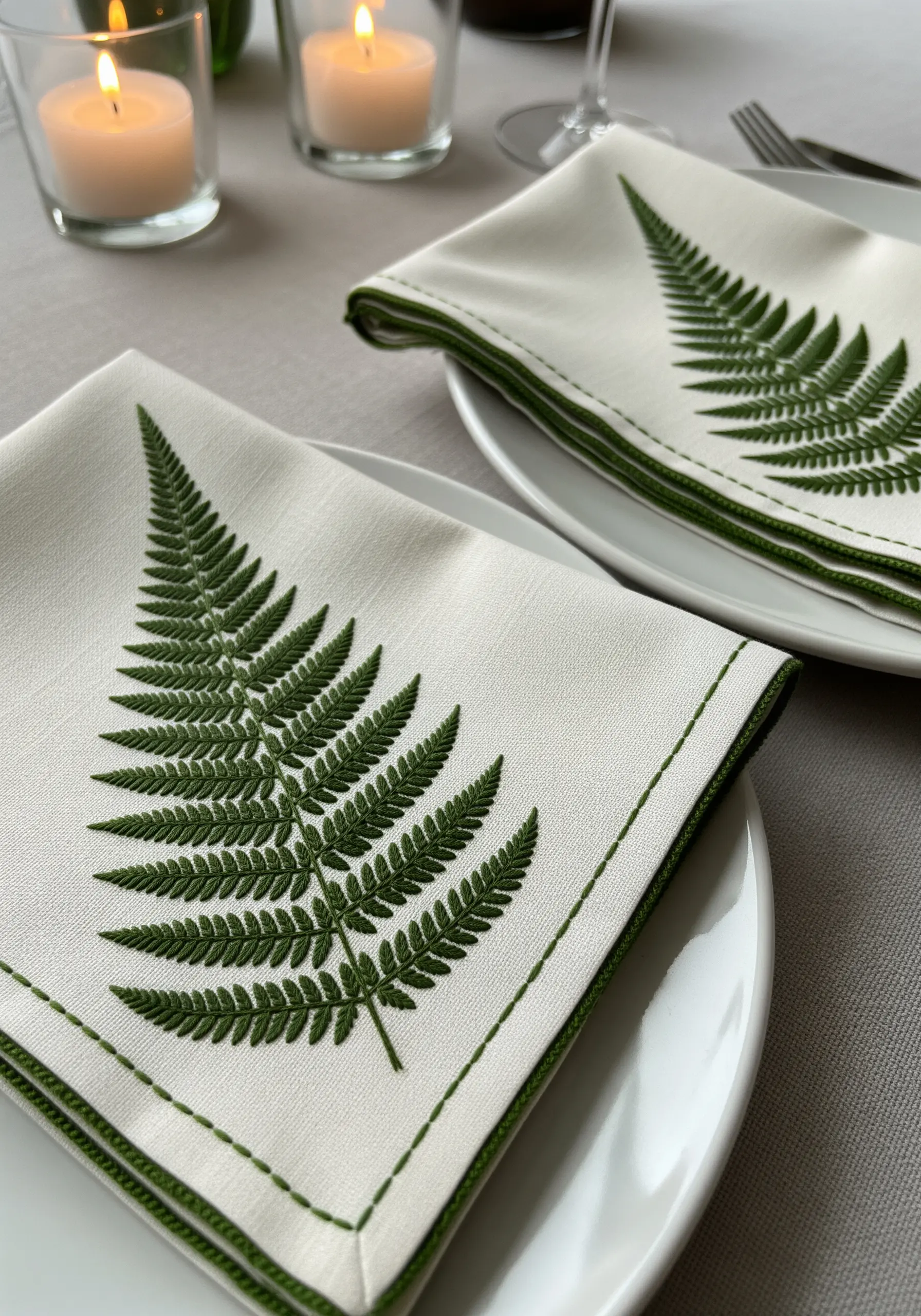 A crisp white napkin with a finely embroidered green fern leaf and a matching green border.