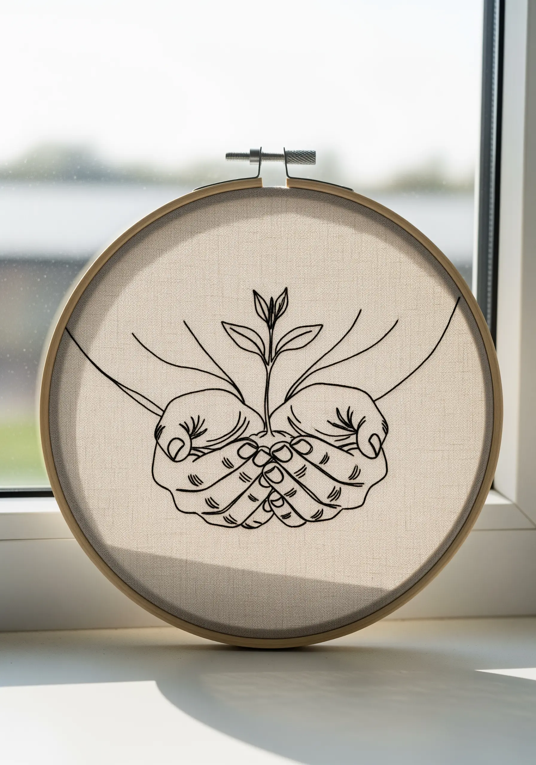 Delicate line art of two hands holding a small seedling, stitched in black thread.