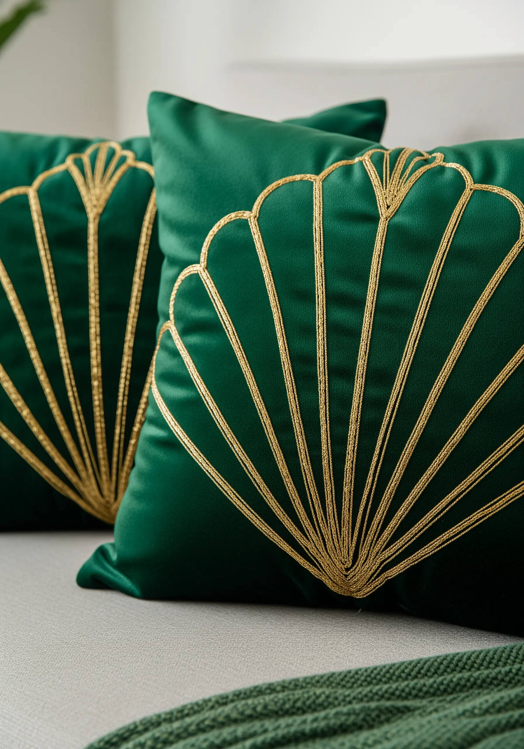 Emerald green velvet cushions with a bold, gold Art Deco fan design embroidered with thick cord.