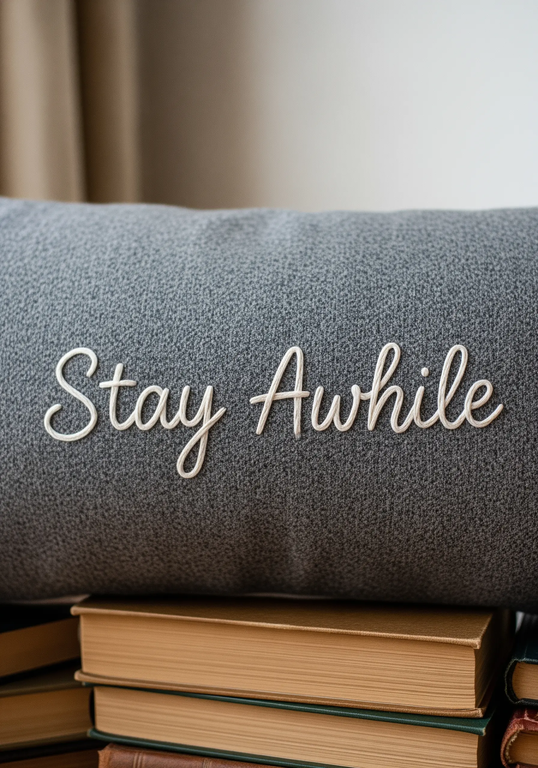 The words 'Stay Awhile' embroidered in elegant white cursive on a grey pillow.