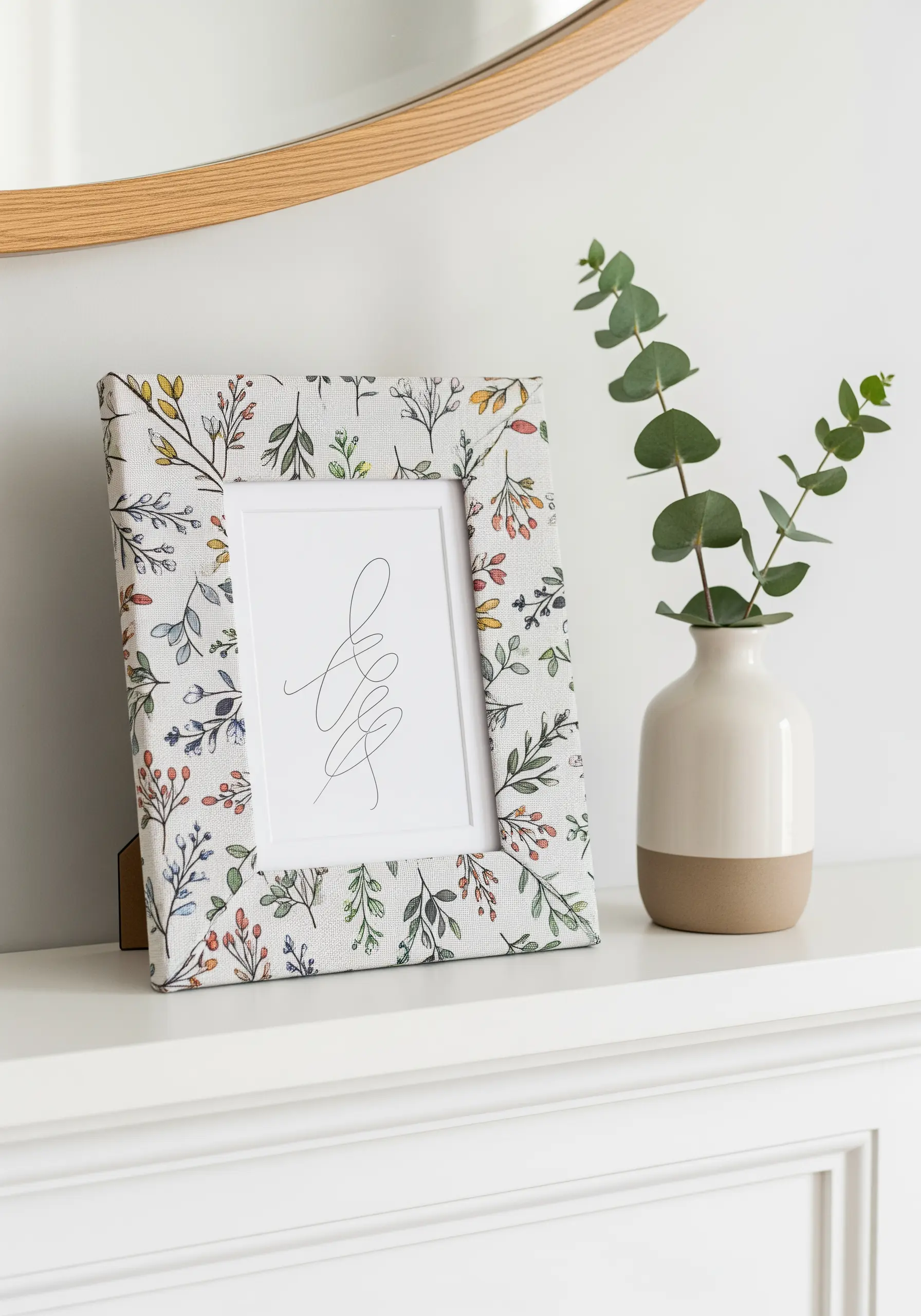 A picture frame wrapped in a delicate botanical-print fabric stands on a white mantel.