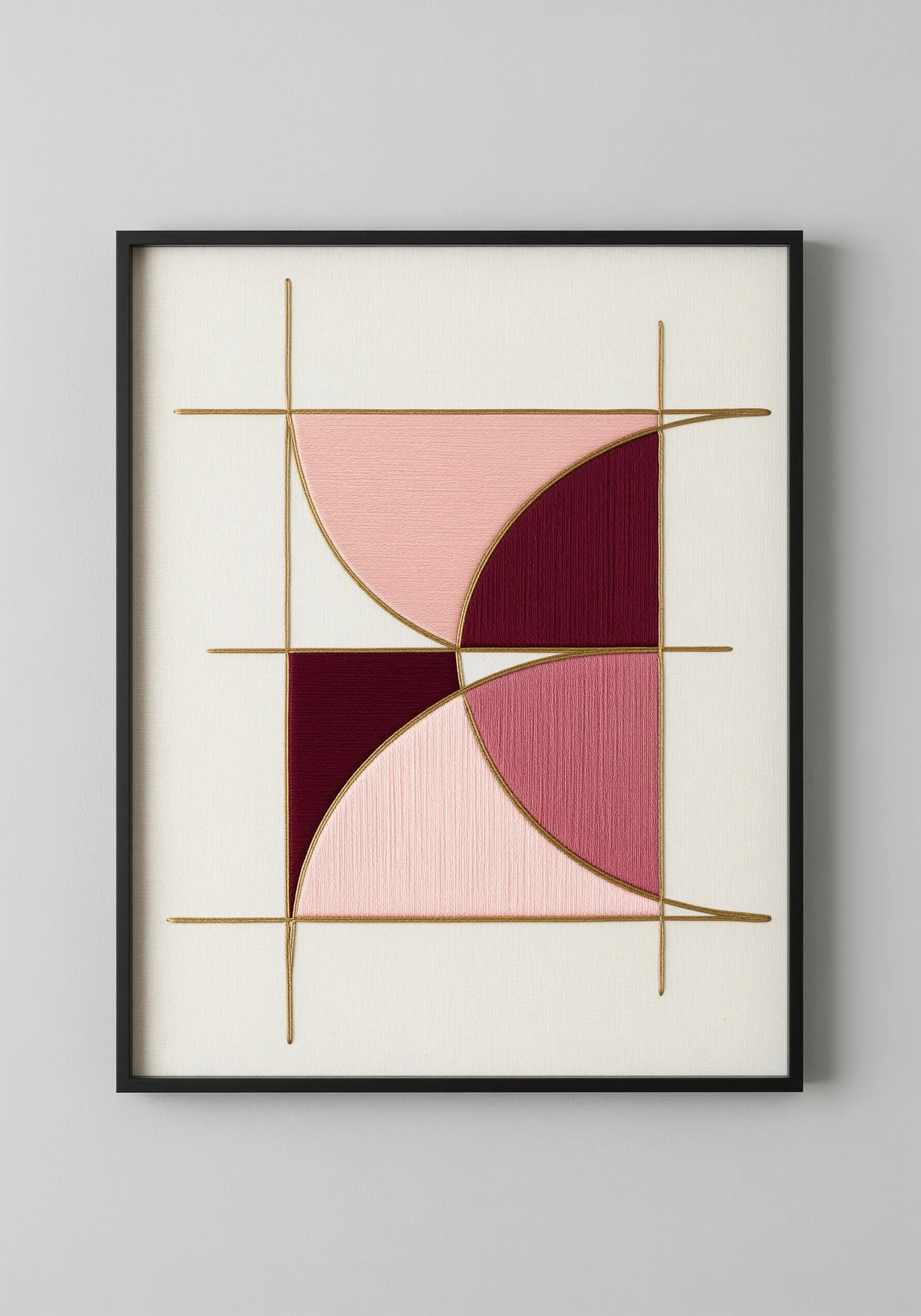 Geometric abstract embroidery with smooth satin-stitched blocks in pink and burgundy.