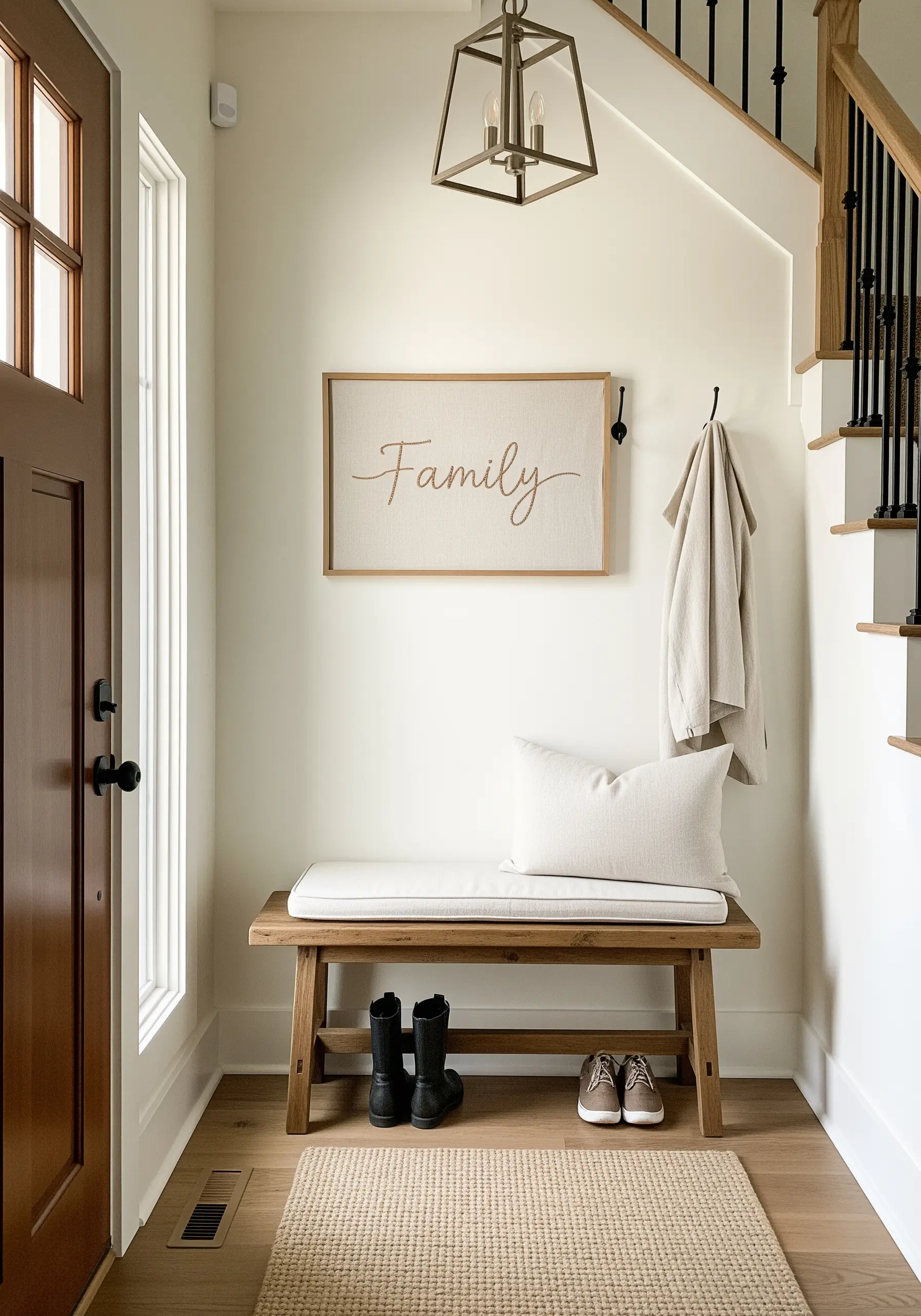 Framed embroidery of the word 'Family' in a flowing script font on linen fabric.