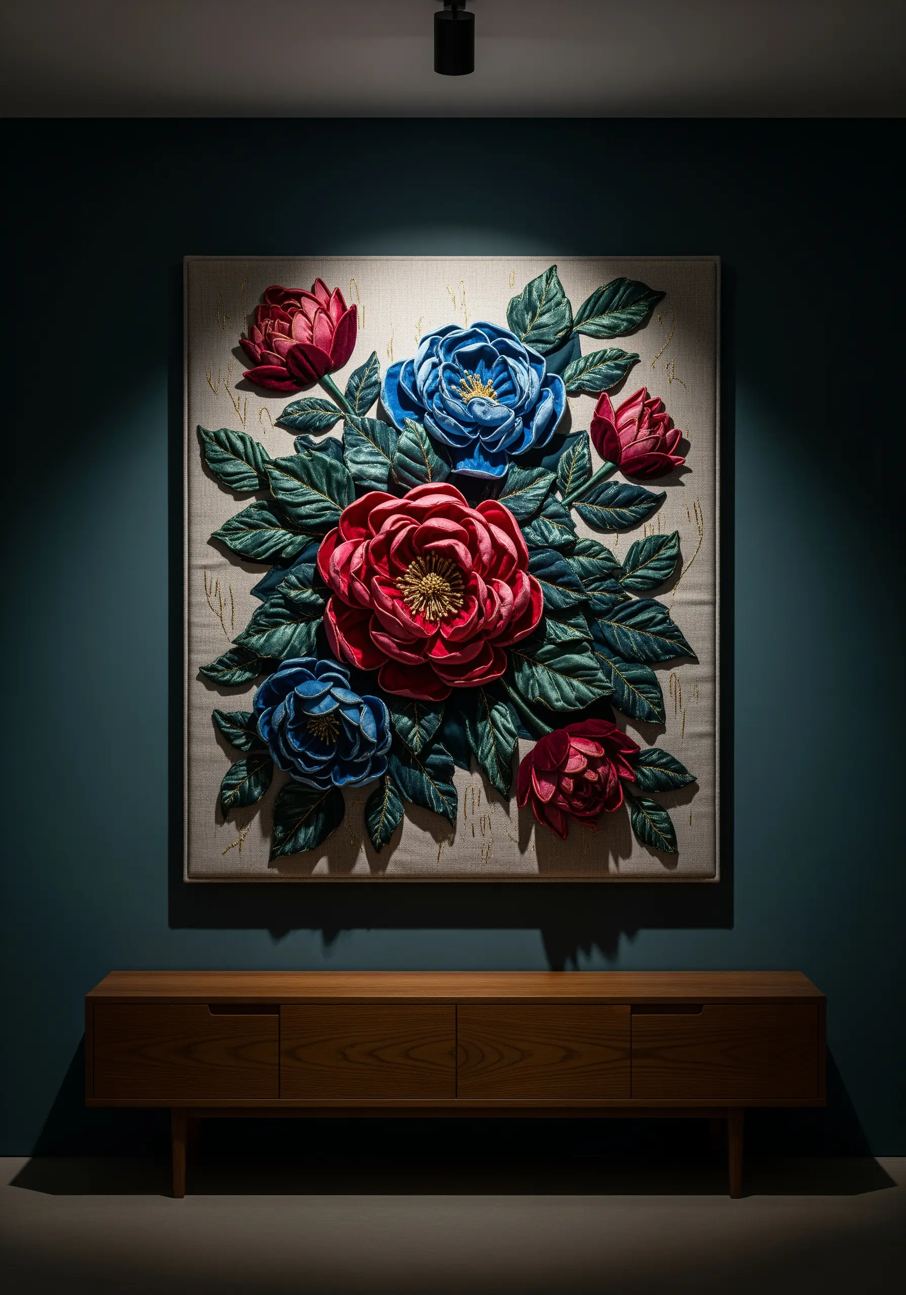Large textile wall art with red, blue, and pink 3D embroidered flowers and leaves.