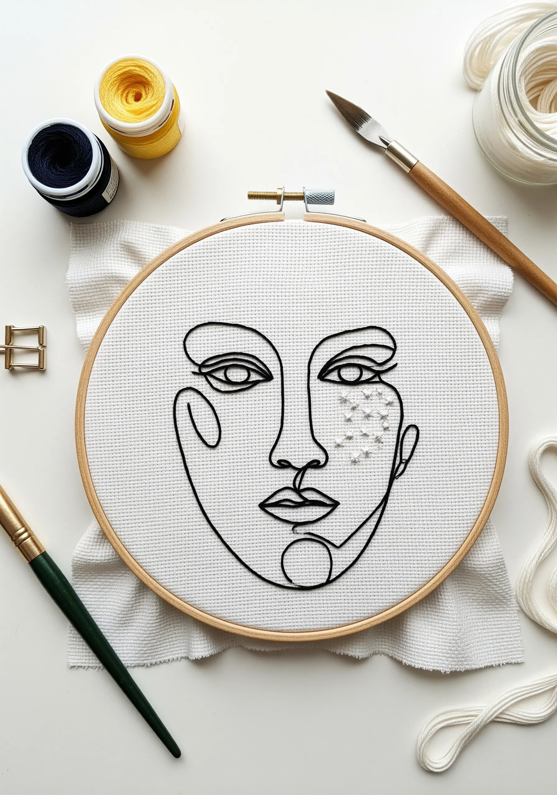 A continuous single-line face profile in black thread, accented with tiny white stars.