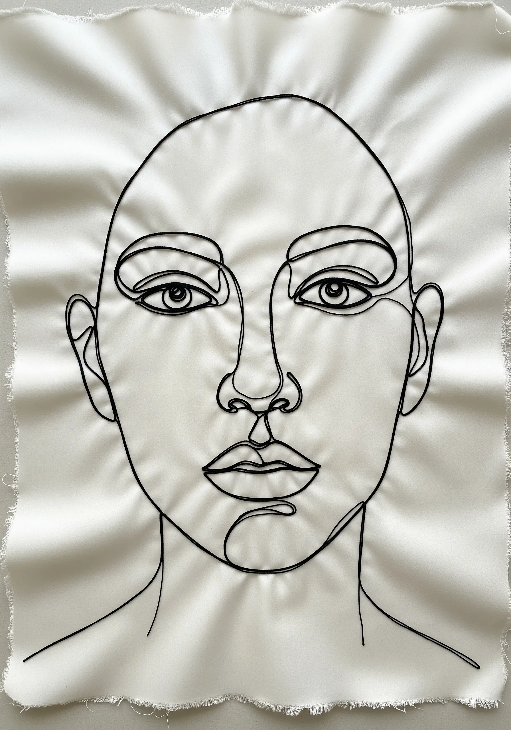 A minimalist single-line portrait embroidered with black thread on a white satin background.