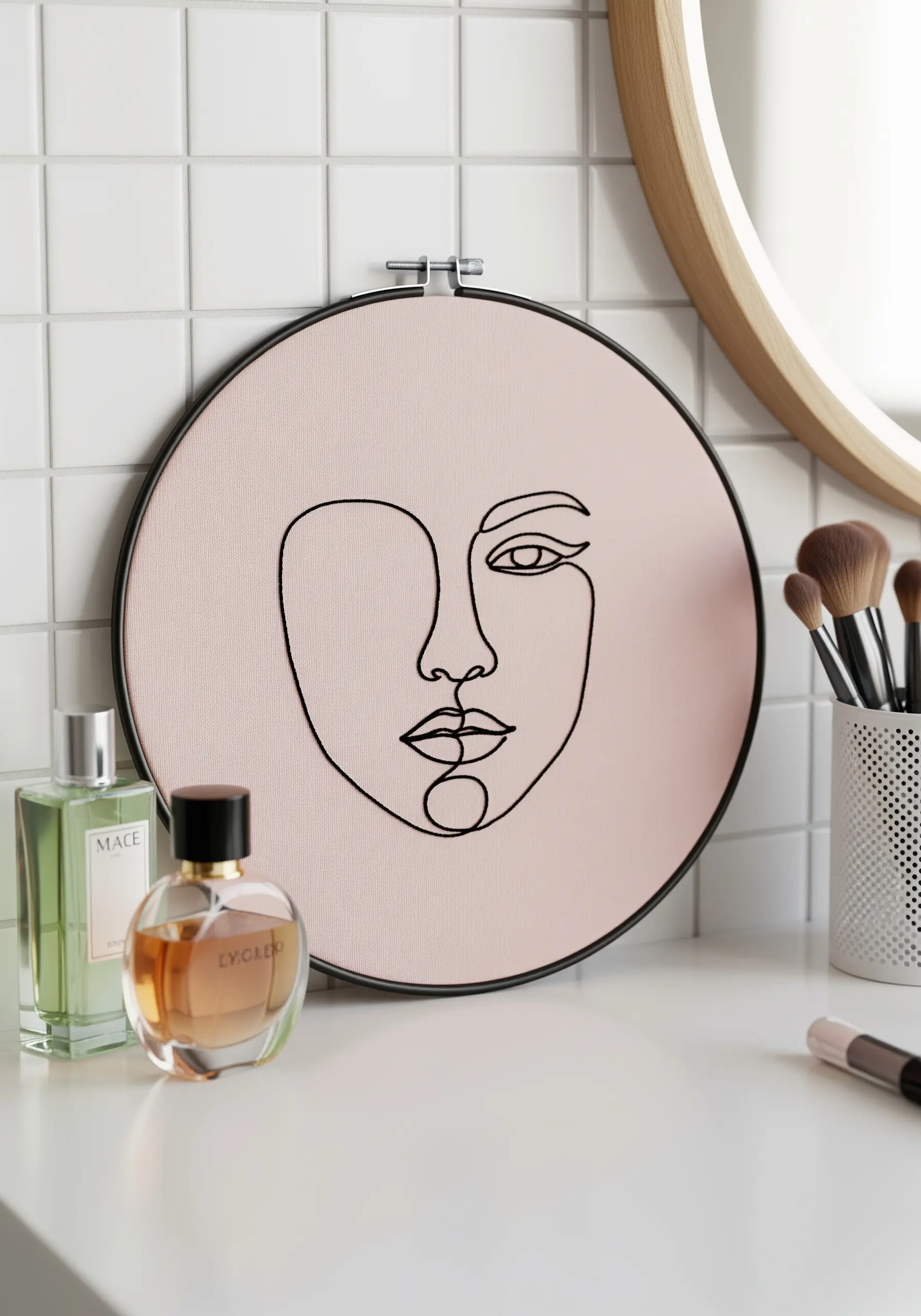 A minimalist abstract face embroidered in a single continuous black line on pink fabric.
