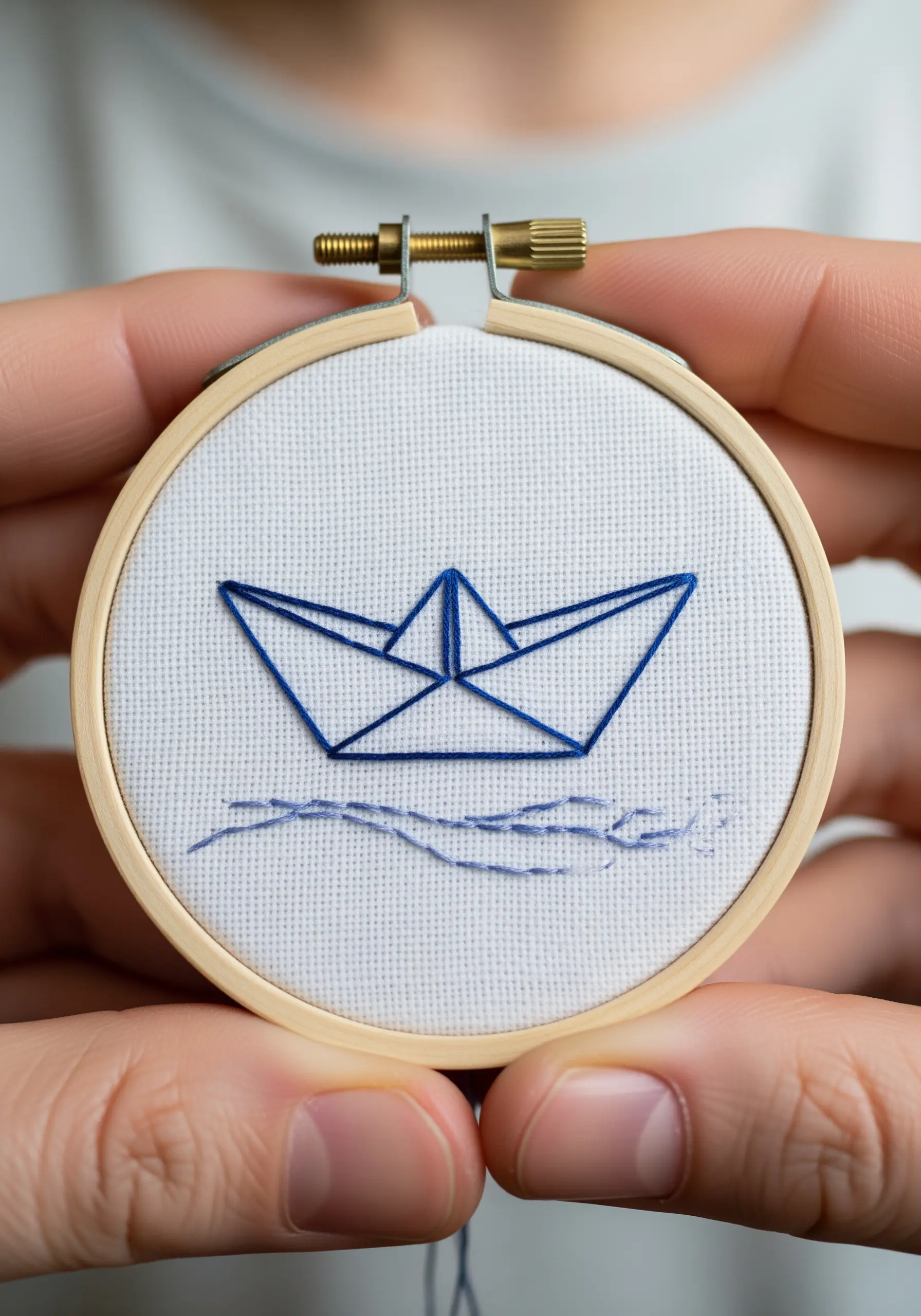 A minimalist paper boat and water outlined with blue backstitch.