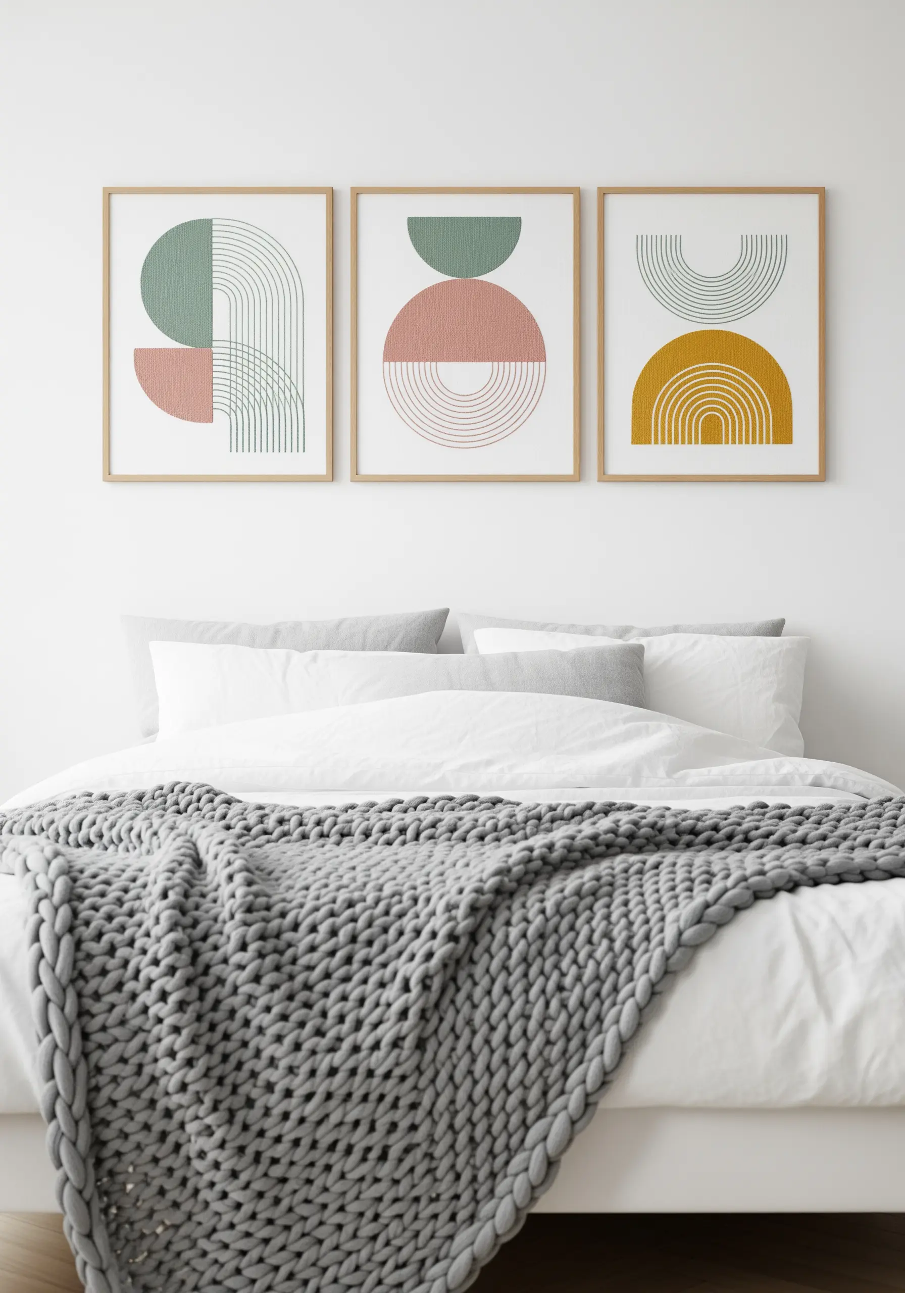 A triptych of framed abstract embroidery with geometric semi-circles and parallel lines.
