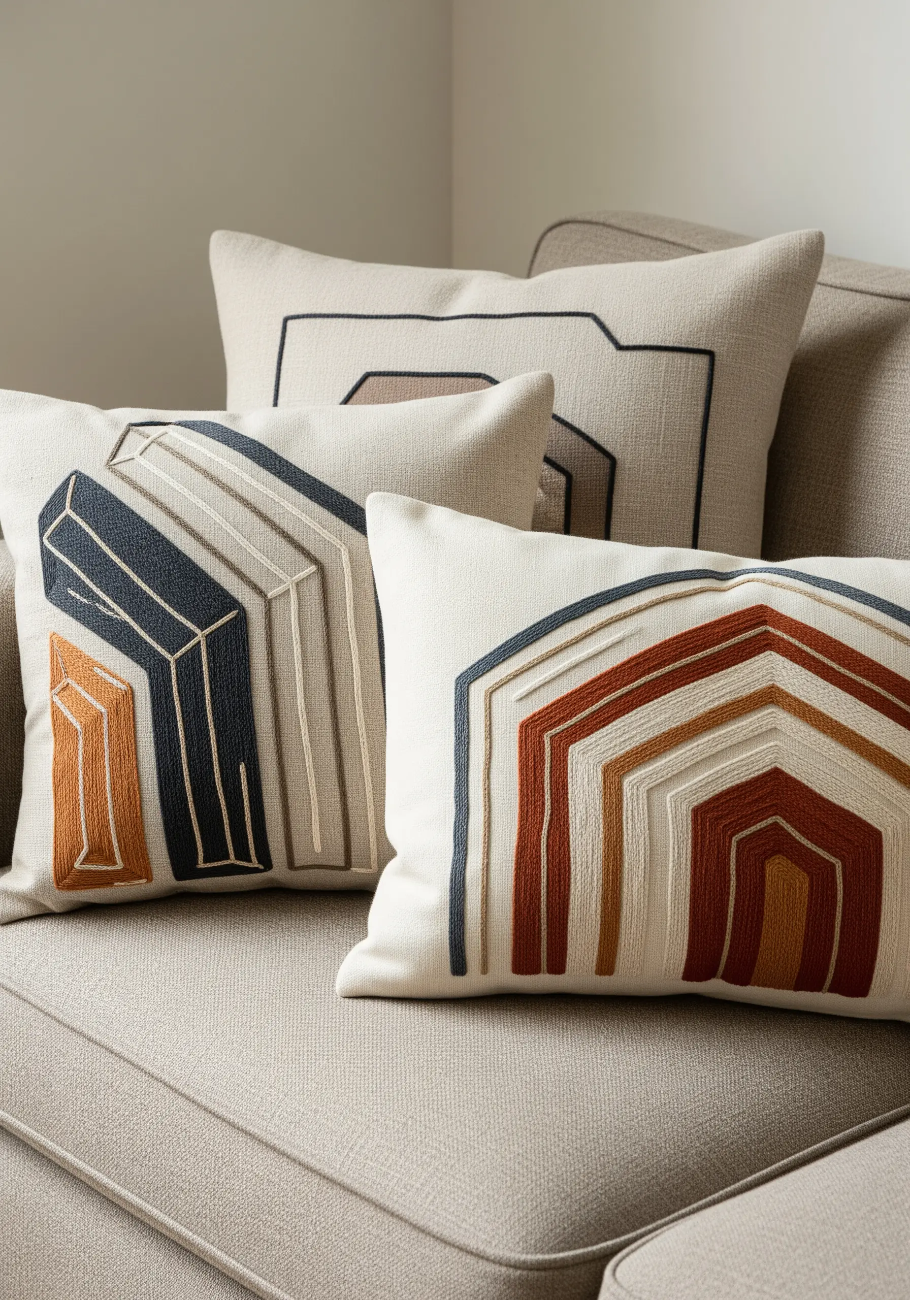 Three couch pillows with abstract, geometric embroidery in earth-toned blocks.