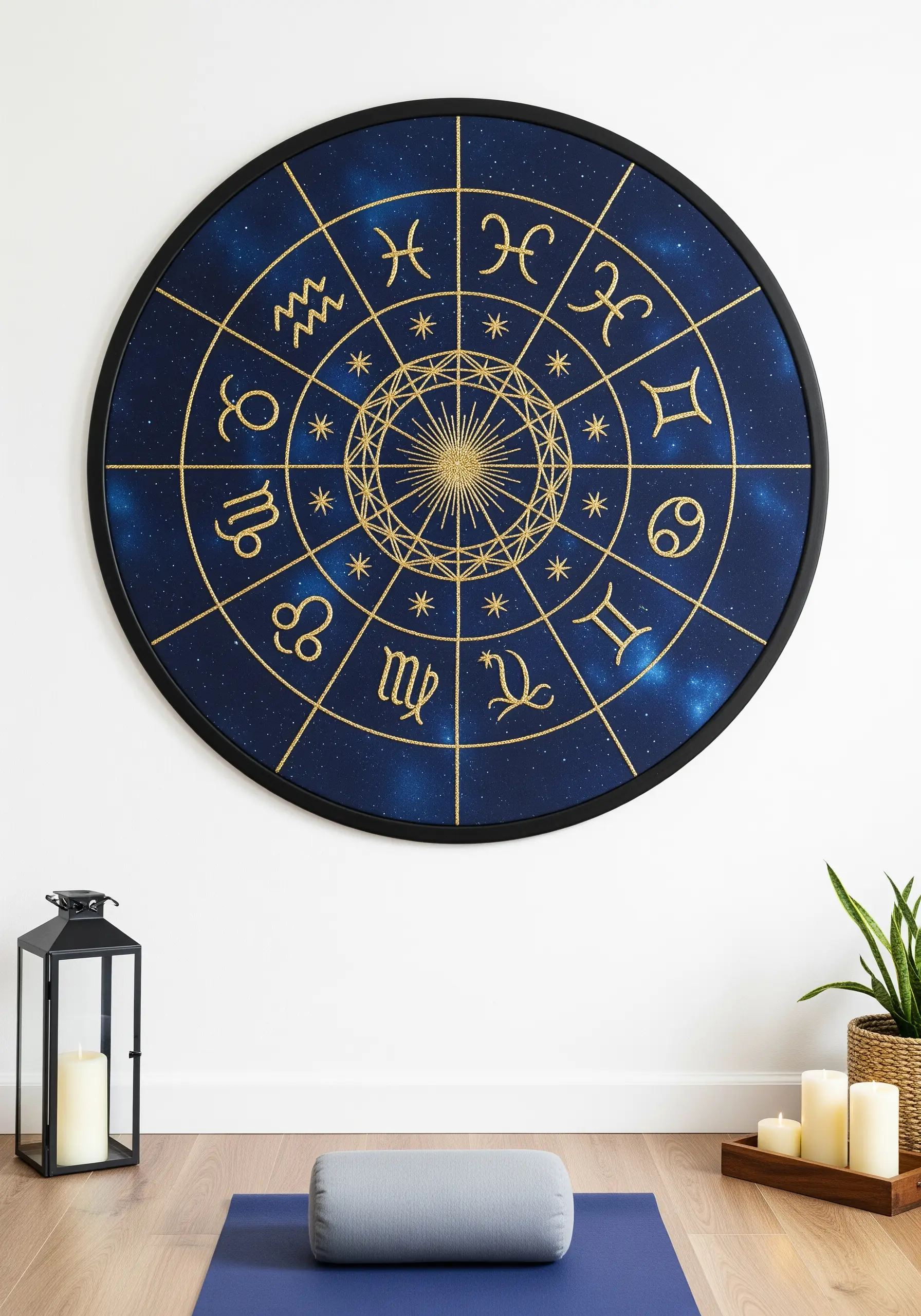 A large, round embroidery of a golden zodiac wheel on a starry blue background.