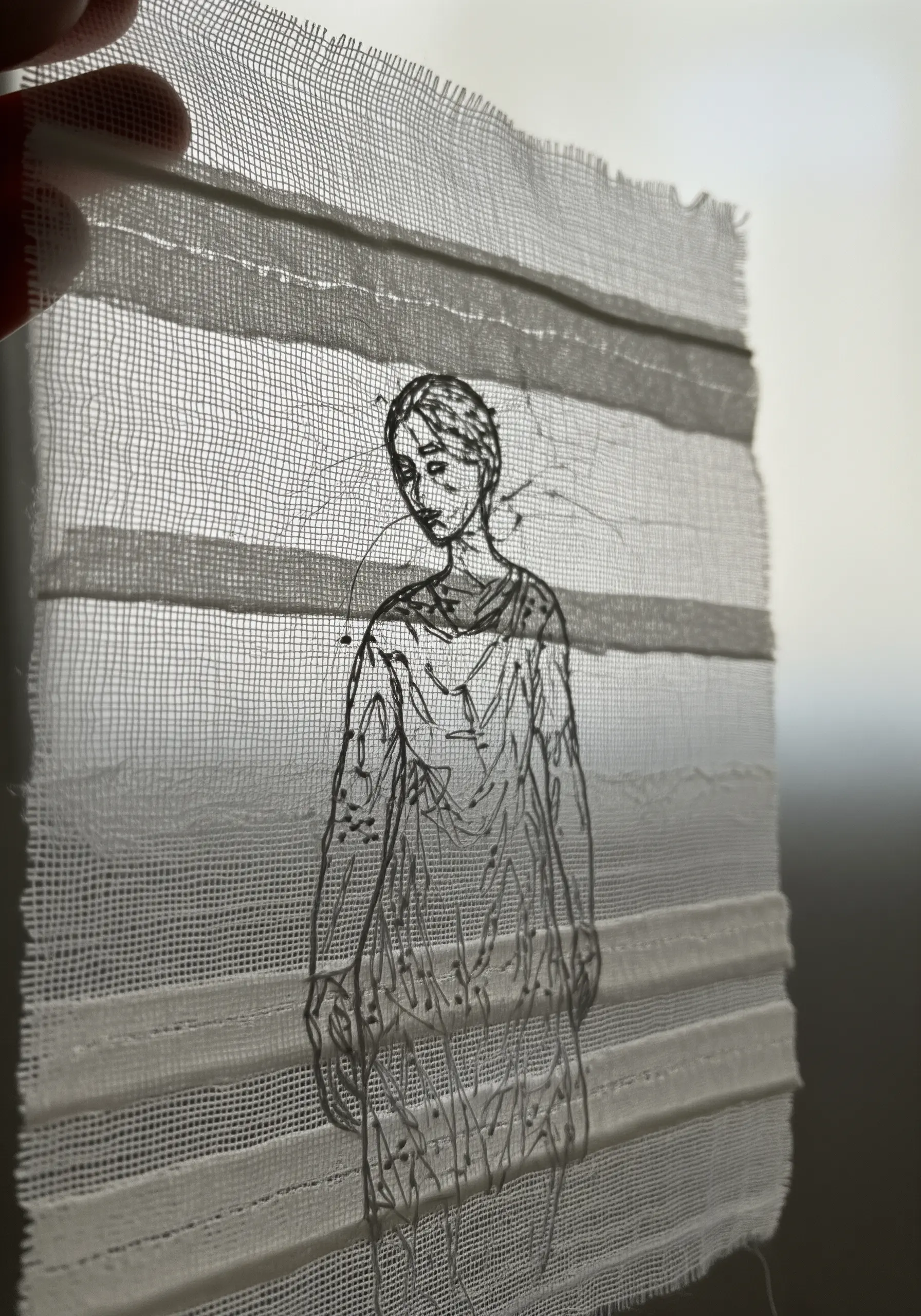 A line art portrait embroidered on layered, semi-transparent white fabric strips.
